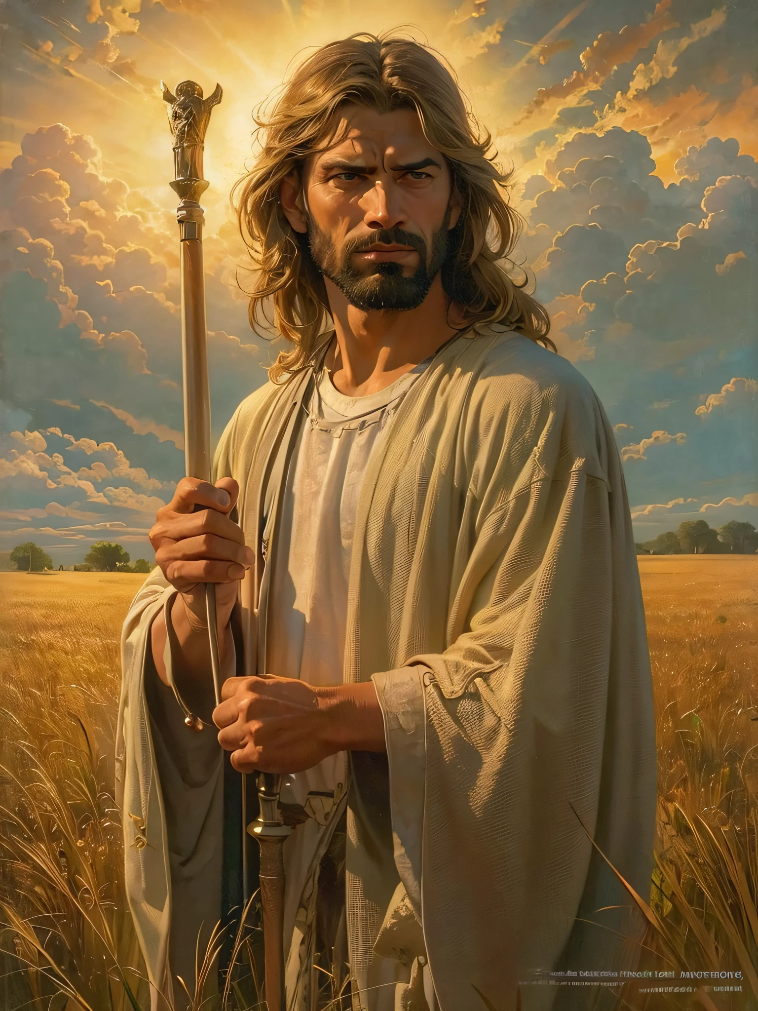 Painting of a man with a cane in a field, Greg Olsen, jesus christ, Retrato de Jesucristo, jesus of nazareth, Jesus, Uno de los tejedores del destino, Vestido como Jesucristo, the lord and savior, god looking at me, Joven Dios Todopoderoso, gigachad jesus, Arte cristiano, por Scott Gustafson, por Thomas Blackshear