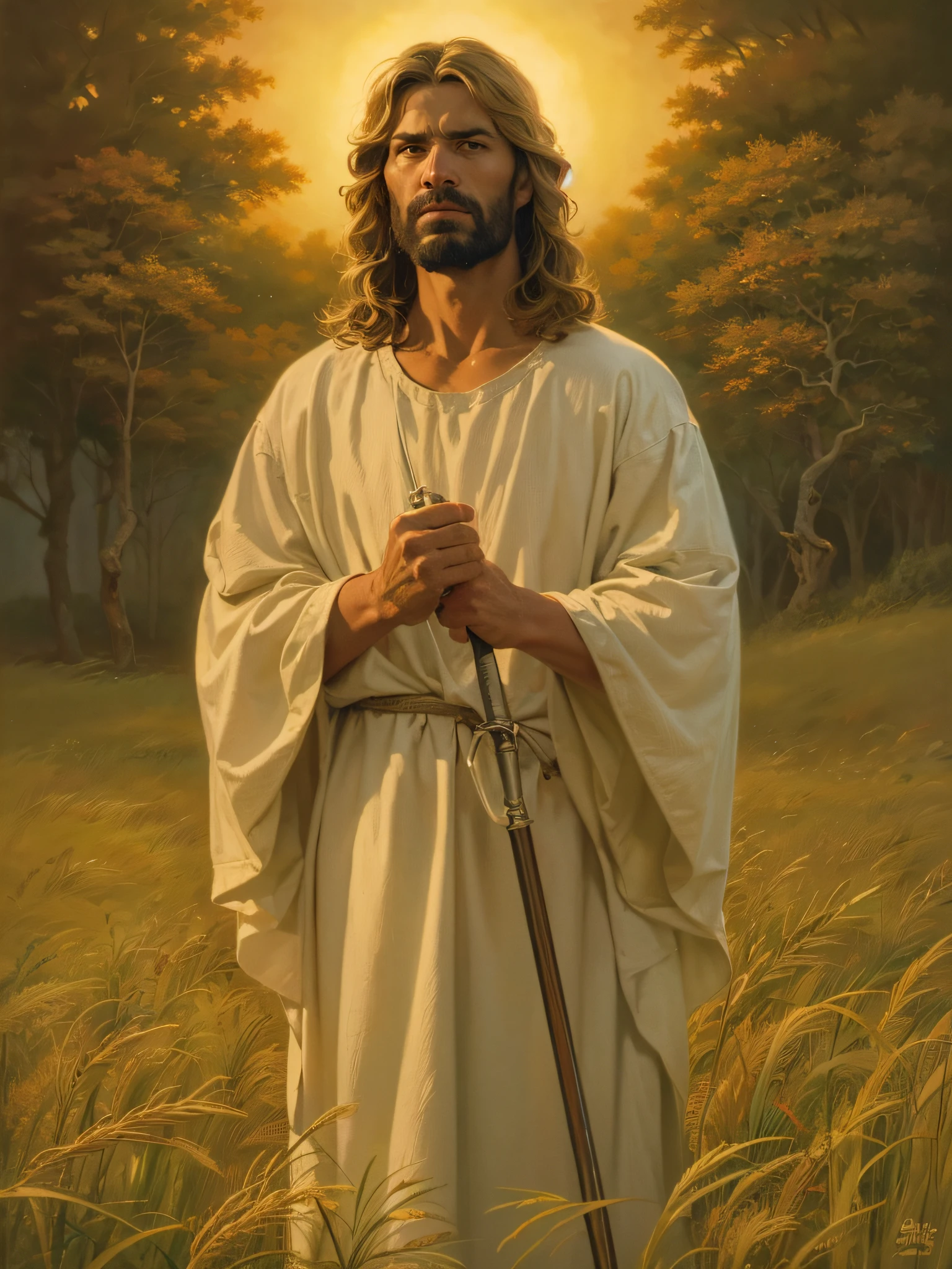 Painting of a man with a cane in a field, Greg Olsen, jesus christ, Retrato de Jesucristo, jesus of nazareth, Jesus, Uno de los tejedores del destino, Vestido como Jesucristo, the lord and savior, god looking at me, Joven Dios Todopoderoso, gigachad jesus, Arte cristiano, por Scott Gustafson, por Thomas Blackshear