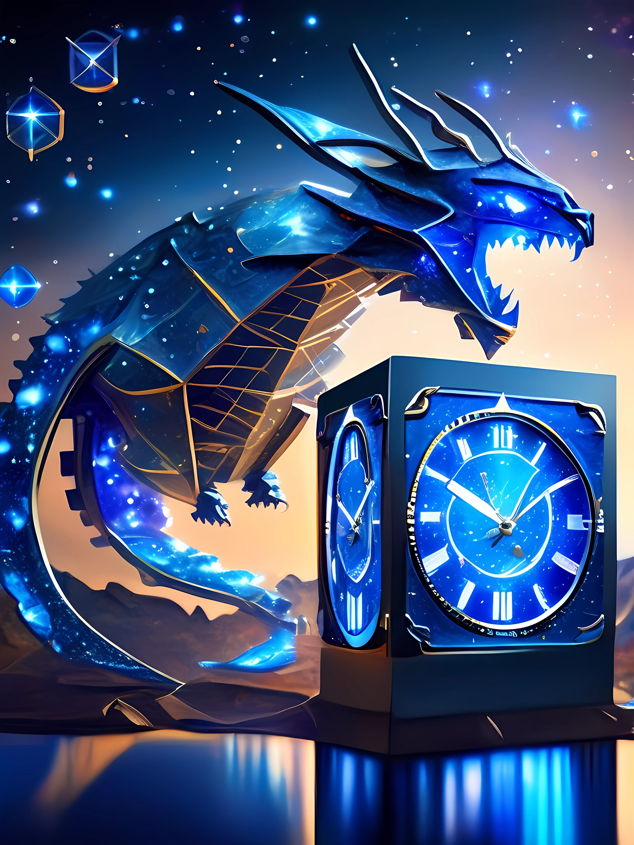 Giant bright big time clock ))), Fantastic metal cubes with light , Perfect professional cover image depicts a magical and exciting setting, which represents the universe of Tempus and the journey of the 4 Time Warriors with their giant friendly blue fire dragon. One of them is smaller and Thinner , the are In the background, we see a starry sky, full of bright constellations and distant galaxies, conveying a sense of vastness and mystery. no centro da imagem, Os quatro protagonistas do livro se destacam: Soren, lily, Darian e Kai. They are positioned in a close-knit formation, prontos para enfrentar os desafios que os aguardam. destacamos o protagonista Kaiden, its glowing cube of golden metal with a hologram projected from a gigantic friendly dragon;, o jovem guerreiro de pequena estatura, but with a determined expression on his face. He holds a mysterious cube with a bracelet engraved with inscriptions. Giant time clock surrounds the entire picture in enveloping magic. Em torno dos guerreiros, vemos elementos que representam o universo de Tempus. There is an arch of magical time lights with a clock, which symbolizes time travel and the connection between the past, present and future represented by three smaller glowing cubes. A mystical mist hovers around the characters, bringing an air of mystery and magic. No horizonte, ancient ruins and towering pillars loom, evoking a sense of grandeur and lost history. The title of the book, "Guerreiros do Tempo", is displayed in elegant gold letters, com uma fonte que transmite a ideia de aventura e fantasia. Below the title is the author's name, also in gold letters, highlighting the creator of this incredible journey. Esta imagem de capa evoca o senso de magia dos personagens, aventura, and togetherness, transmitindo aos leitores a promessa de um, twisting story.