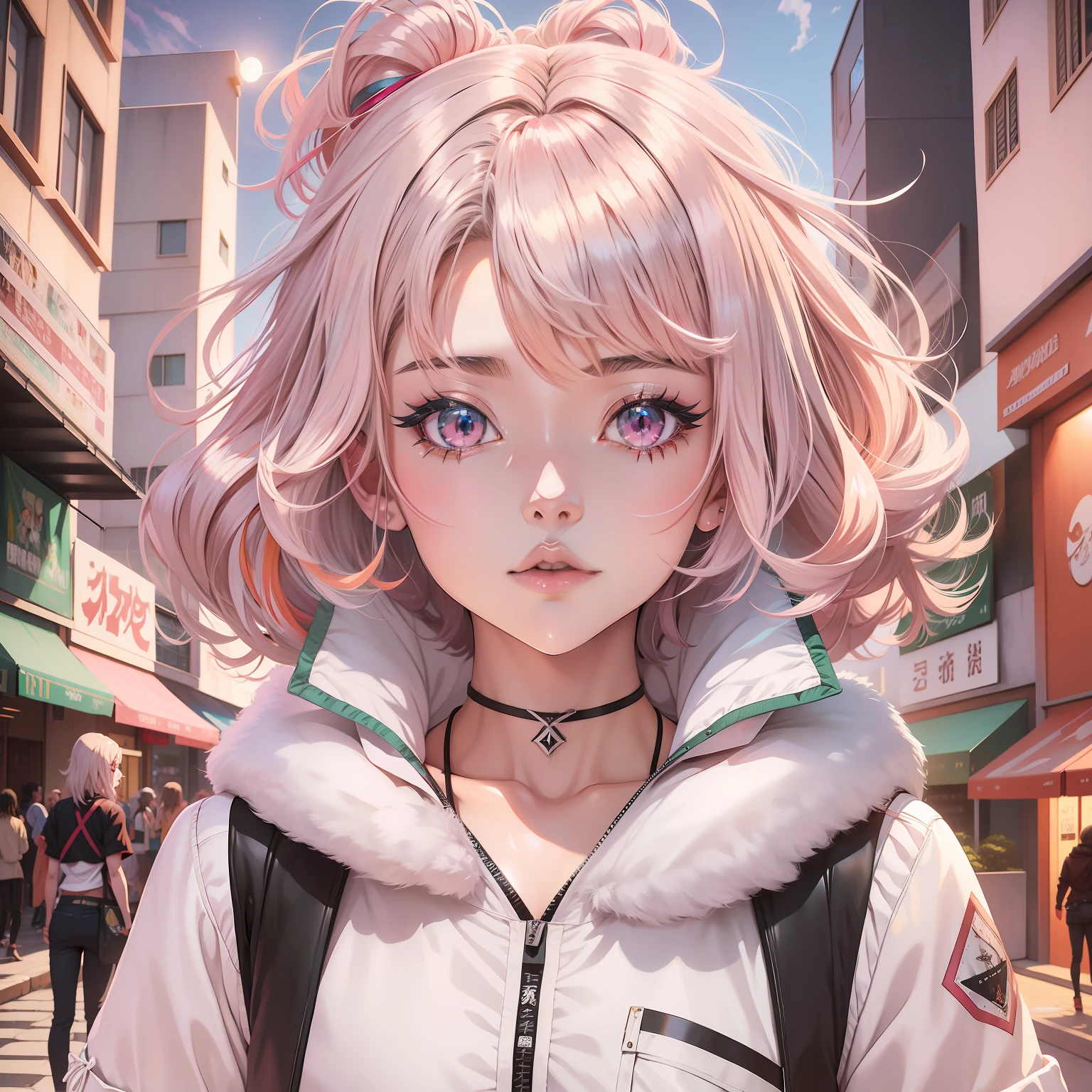 Diamante, cabelos multicoloridos, olhos multicoloridos,Menina anime com cabelo rosa e olhos azuis em uma jaqueta branca, Estilo anime 2D, anime moe artstyle, no estilo de arte do anime 8 0 s, Koyoharu Gotouge, arte anime de alta qualidade, Gatilho Estilo de Arte de Anime, 2 0 2 2 estilo anime, Estilo Anime 2022, Camada de anime, anime exuberante john 8k madeiras