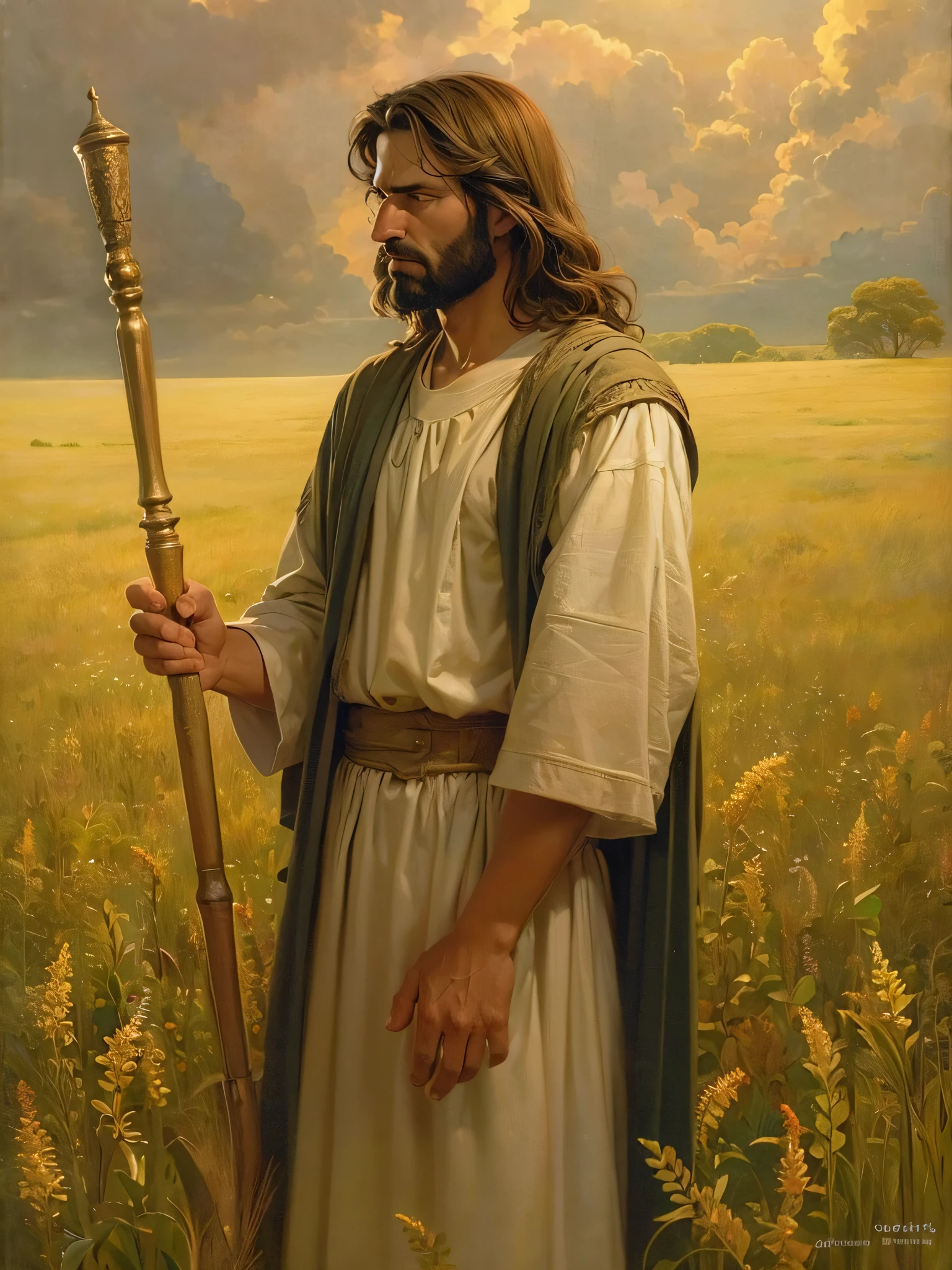 Painting of a man with a cane in a field, Greg Olsen, jesus christ, Retrato de Jesucristo, jesus of nazareth, Jesus, Uno de los tejedores del destino, Vestido como Jesucristo, the lord and savior, god looking at me, Joven Dios Todopoderoso, gigachad jesus, Arte cristiano, por Scott Gustafson, por Thomas Blackshear