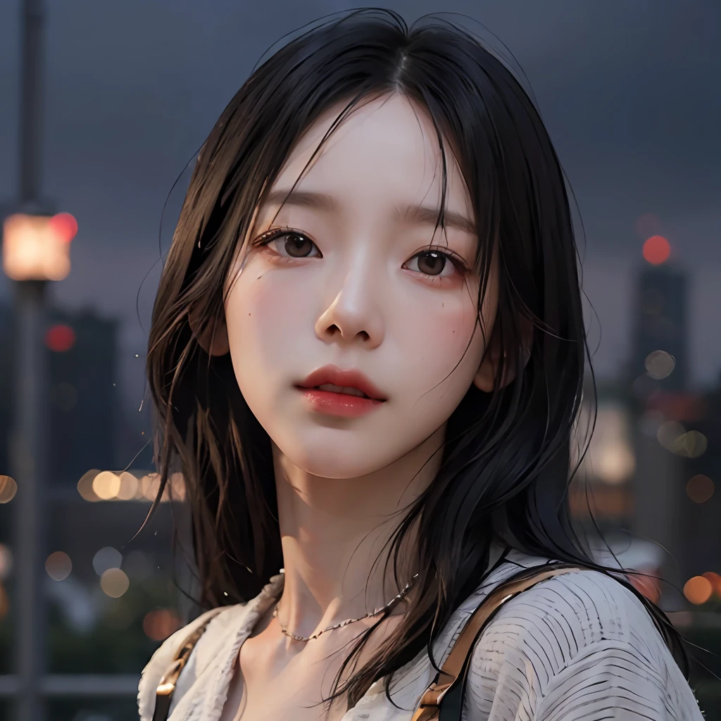 8K, New York, Outdoors, Crowded, Cloudy sky, maturefemale, Black hair, Warm lighting, Cinematic, Photorealistic, High quality, hight resolution, masutepiece, Night, natural beauty, blush, Sensual look