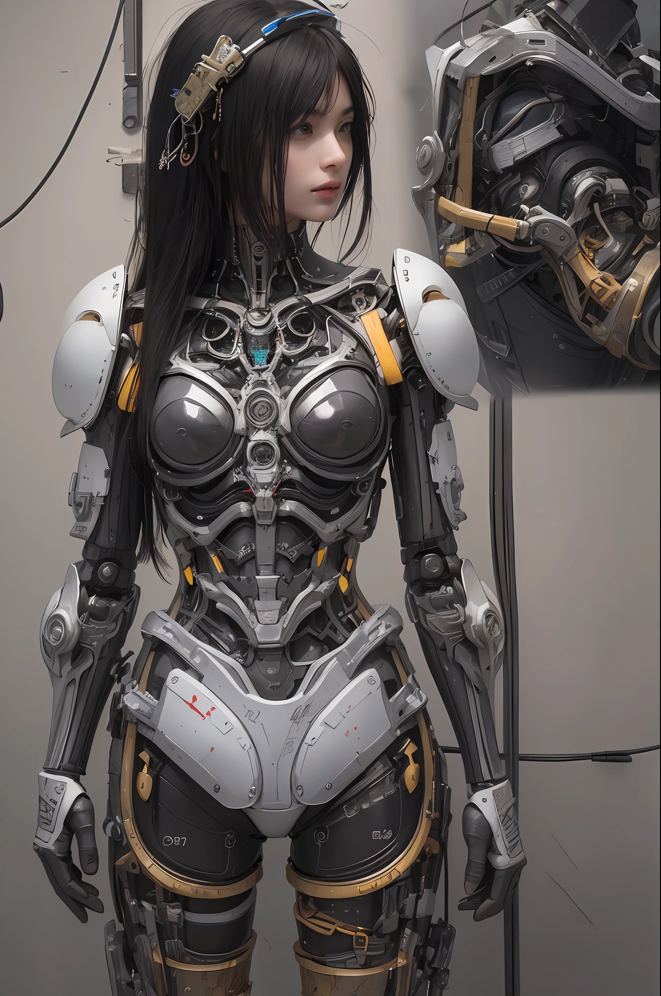 Top Quality, Masterpiece, Ultra High Resolution, (Photorealistic: 1.4), Raw Photo, 1 cyberpunk Girl, Black Hair, Glossy Skin, 1 Mechanical Girl, (Ultra Realistic Detail)), Full body, Global Illumination, Contrast, Shadows, Octane Rendering, 8K, Ultra Sharp, Cleavage Exposed, Raw Skin, Metal, Intricate Ornament Details, Japan Details, Very intricate details, realistic light, CGSoation trend, facing the camera, neon details, mechanical limbs, blood vessels connected to the tube, mechanical vertebrae attached to the back, mechanical cervical attachment to the neck, wires and cables connecting to the head, gundam, small LED lamps.