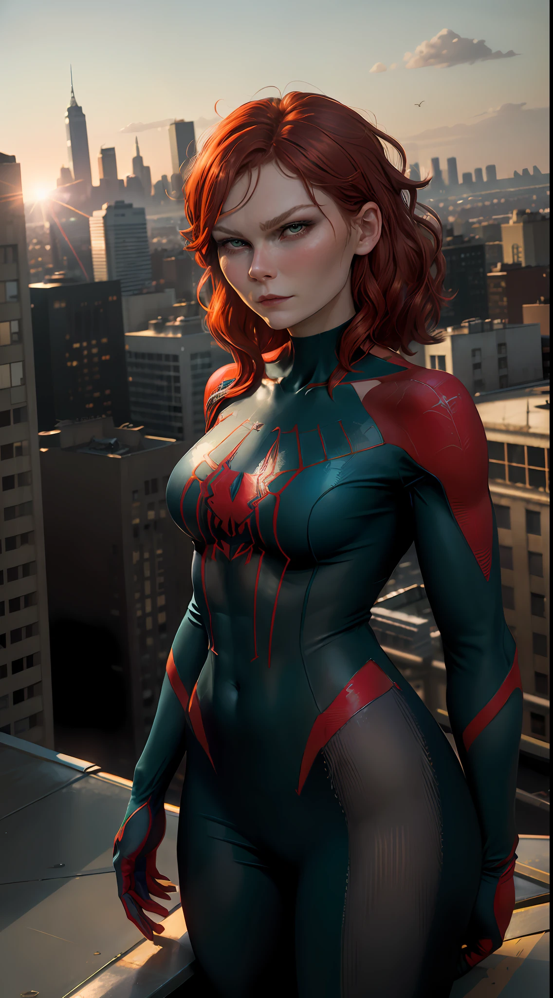 ((young Kirsten Dunst)), ((Mary Jane Watson)), (Masterpiece, 4k resolution, ultra-realistic, very detailed), (dark aquamarine superhero theme, charismatic, on top of town, wearing dark aquamarine Spider-Man costume, she's a superhero), [((25 years), (long red hair:1.2), full body, (green eyes:1.2), ((Spider-Man pose), show of strength, standing on a roof), ((sandy urban environment):0.8), (cityscape, dynamic lights), (sunlight))]