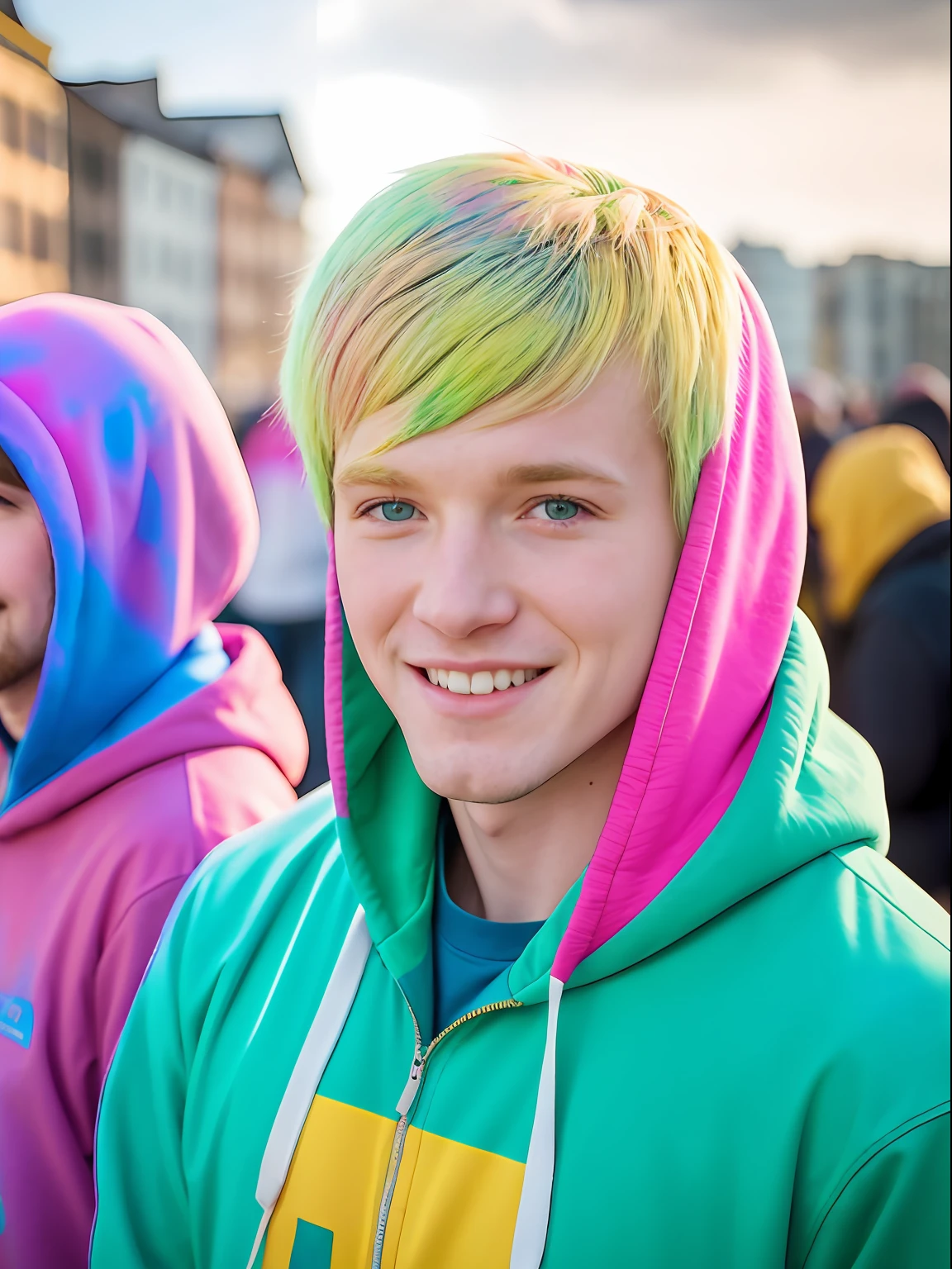 Handsome man in hoodie, looks at the viewer, Holi Color Festival, European type of appearance, European face, Green eyes and blonde hair,  Smiling, Against the backdrop of a sunny city, a lot of details, rays of sunshine, гипердетальный POV, by Lee Jeffries, Nikon D850, Camera roll, 4 Kodak Portra 400, F1 camera lens.6, saturated colors, A hyper-realistic, lifelike texture, spectacular lighting, Cinestill 800,