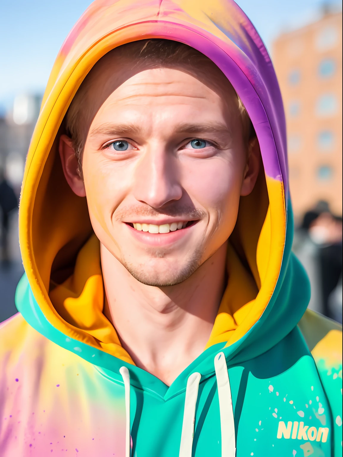 Handsome man in hoodie, looks at the viewer, Holi Color Festival, European type of appearance, European face, Green eyes and blonde hair, Smiling, Against the backdrop of a sunny city, a lot of details, rays of sunshine, гипердетальный POV, by Lee Jeffries, Nikon D850, Camera roll, 4 Kodak Portra 400, F1 camera lens.6, saturated colors, A hyper-realistic, lifelike texture, spectacular lighting, Cinestill 800,