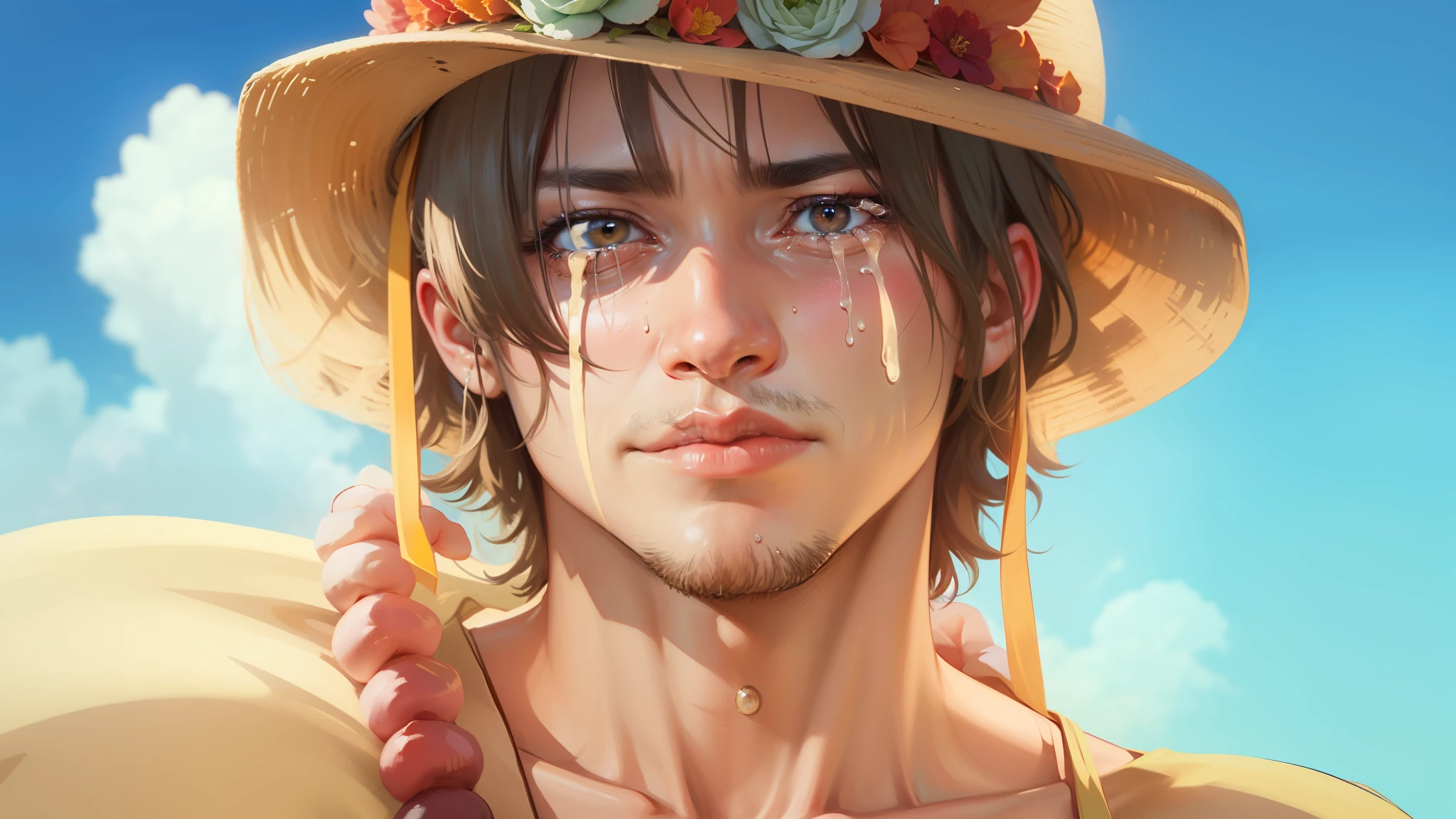 make him sad and crying on a semirealistic style like a thumbnail from m4rkim