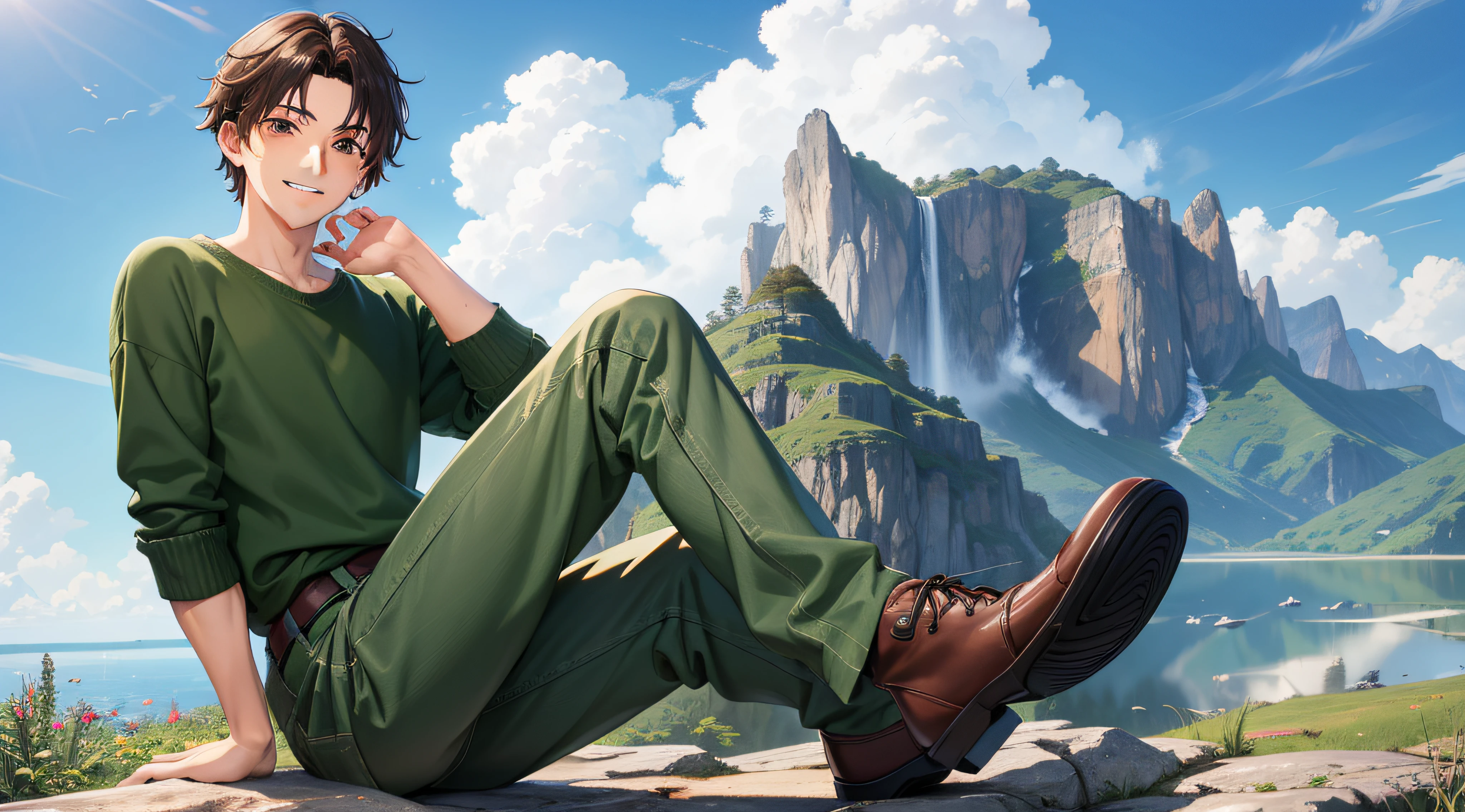 rosto de homem jovem sorrindo, de cabelo castanho espetado, vestindo uma blusa de frio verde, brown pant, sapatos azuis, com nuvens e montanhas no fundo, 2D, estilo anime, estilo studios ghibli 195 / 5.000 Translation results Translation result face of smiling young man, with spiky brown hair, wearing a green sweater, brown pants, blue shoes, with clouds and mountains in the background, 2D, anime style, studios ghibli style