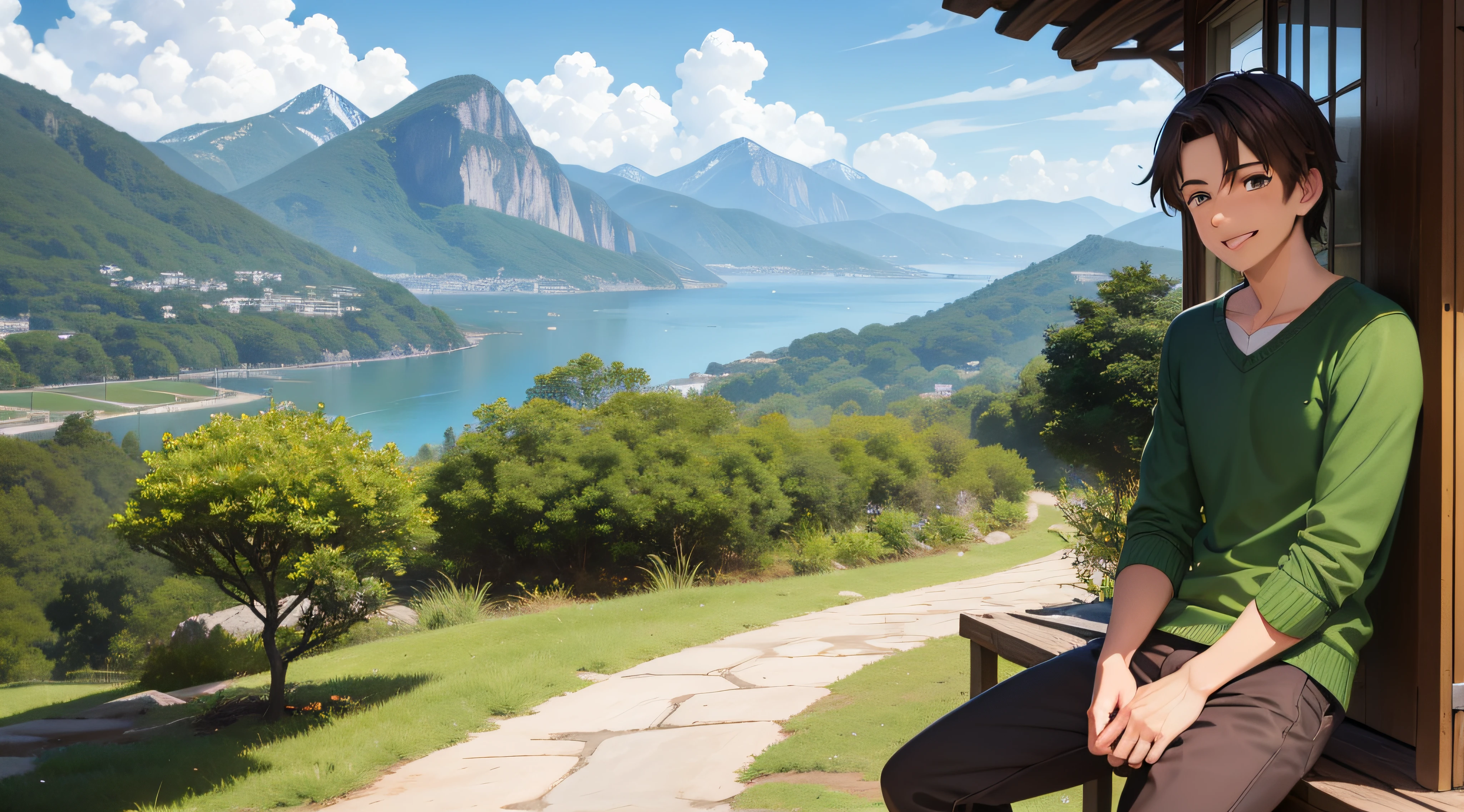 rosto de homem jovem sorrindo, de cabelo castanho espetado, vestindo uma blusa de frio verde, brown pant, sapatos azuis, com nuvens e montanhas no fundo, 2D, estilo anime, estilo studios ghibli 195 / 5.000 Translation results Translation result face of smiling young man, with spiky brown hair, wearing a green sweater, brown pants, blue shoes, with clouds and mountains in the background, 2D, anime style, studios ghibli style