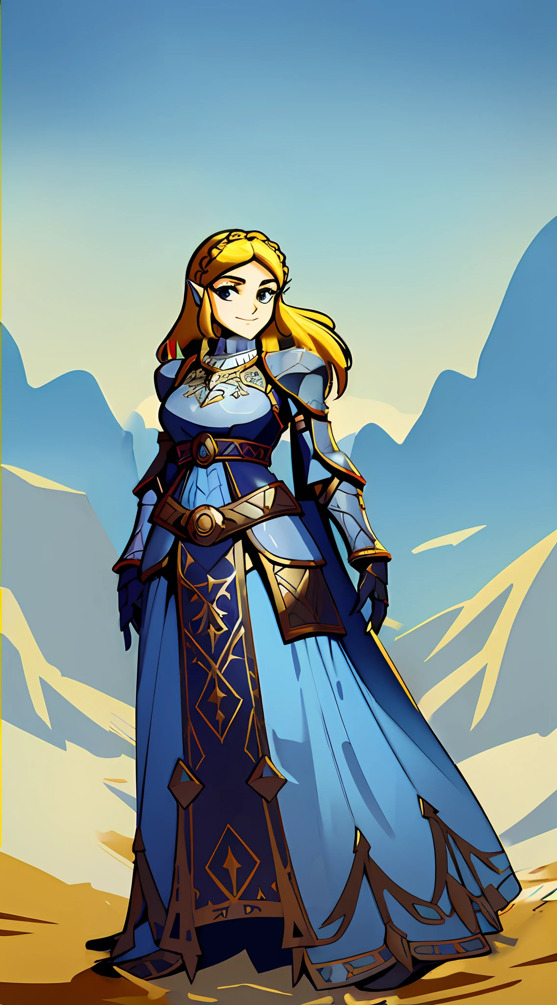 Botw Zelda wearing Heavy knight armor, Botw Themed Knight armor, Royal blue and gold body armor, thick armor plating, Gold accents with brown straps, brown belt with gold accents, Heavy Blue armor, Armored dress, Large knight armor, form-fitting knight armor, helmetless, helmet held in arm, wearing princess tiara, Botw Zelda looking at camera, Botw Zelda wearing thick knight armor with helmet under arm, wearing heavy plate armor, fancy dress, large banquet dress, armored dress, heavy knight armor, Blue Gold and Brown armor, white highlights