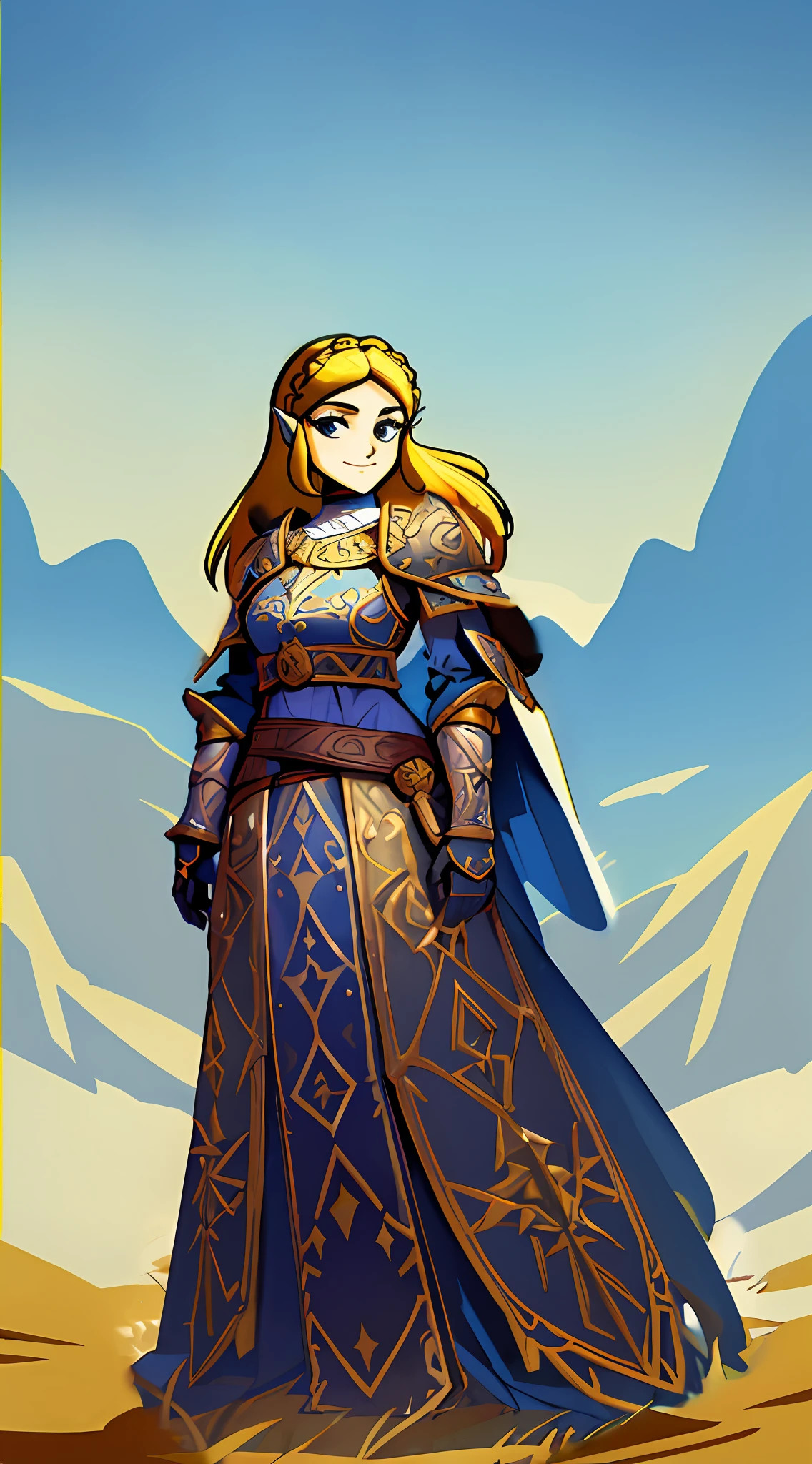 Botw Zelda wearing Heavy knight armor, Botw Themed Knight armor, Royal blue and gold body armor, thick armor plating, Gold accents with brown straps, brown belt with gold accents, Heavy Blue armor, Armored dress, Large knight armor, form-fitting knight armor, helmetless, helmet held in arm, wearing princess tiara, Botw Zelda looking at camera, Botw Zelda wearing thick knight armor with helmet under arm, wearing heavy plate armor