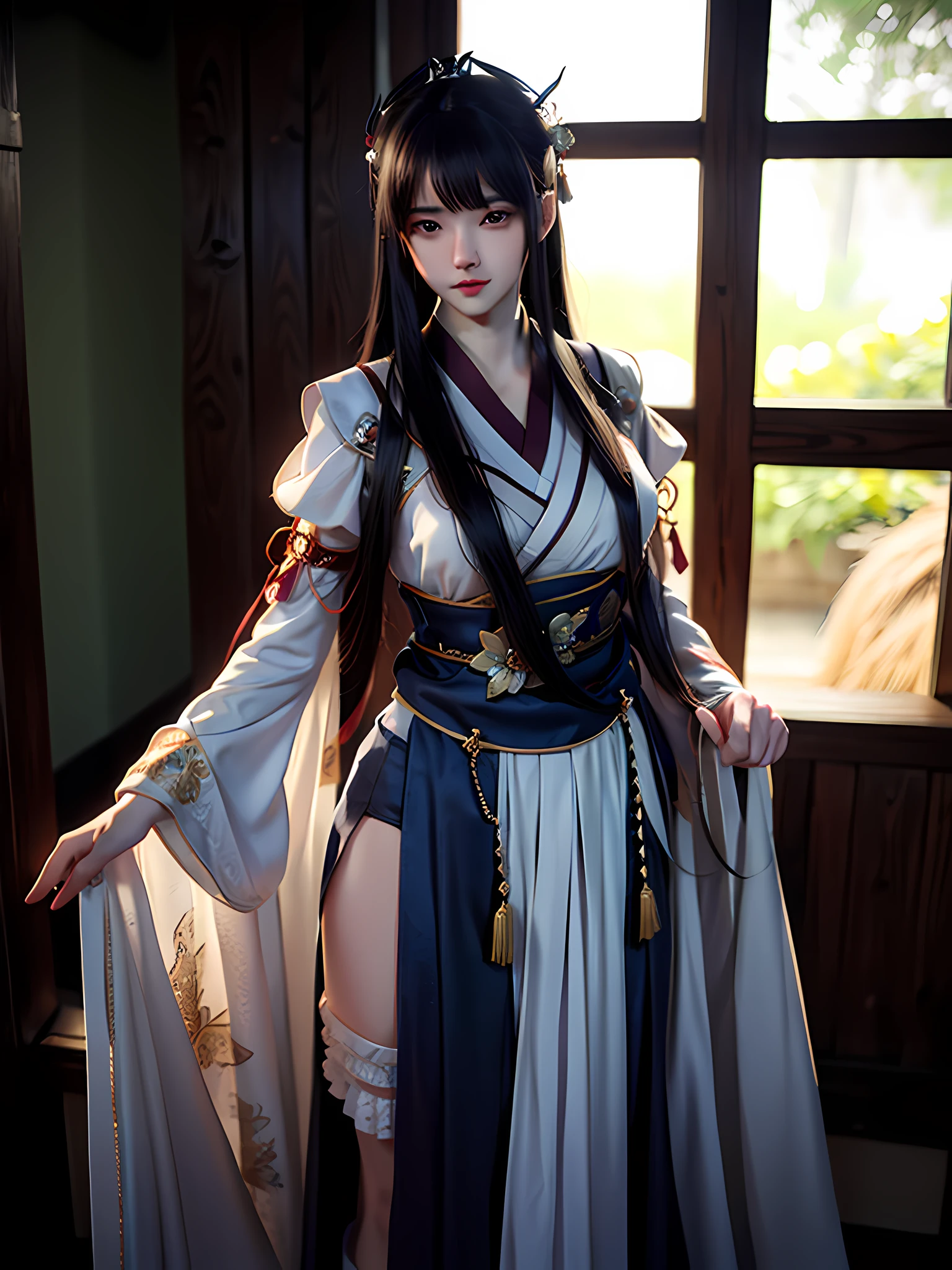 Works of masters，Best image quality，Higher quality，high detal，超高分辨率，4k，8K分辨率，depth of fields，exquisite facial features，femele，long whitr hair，Thigh tie，Art Nouveau，(Hanfu)