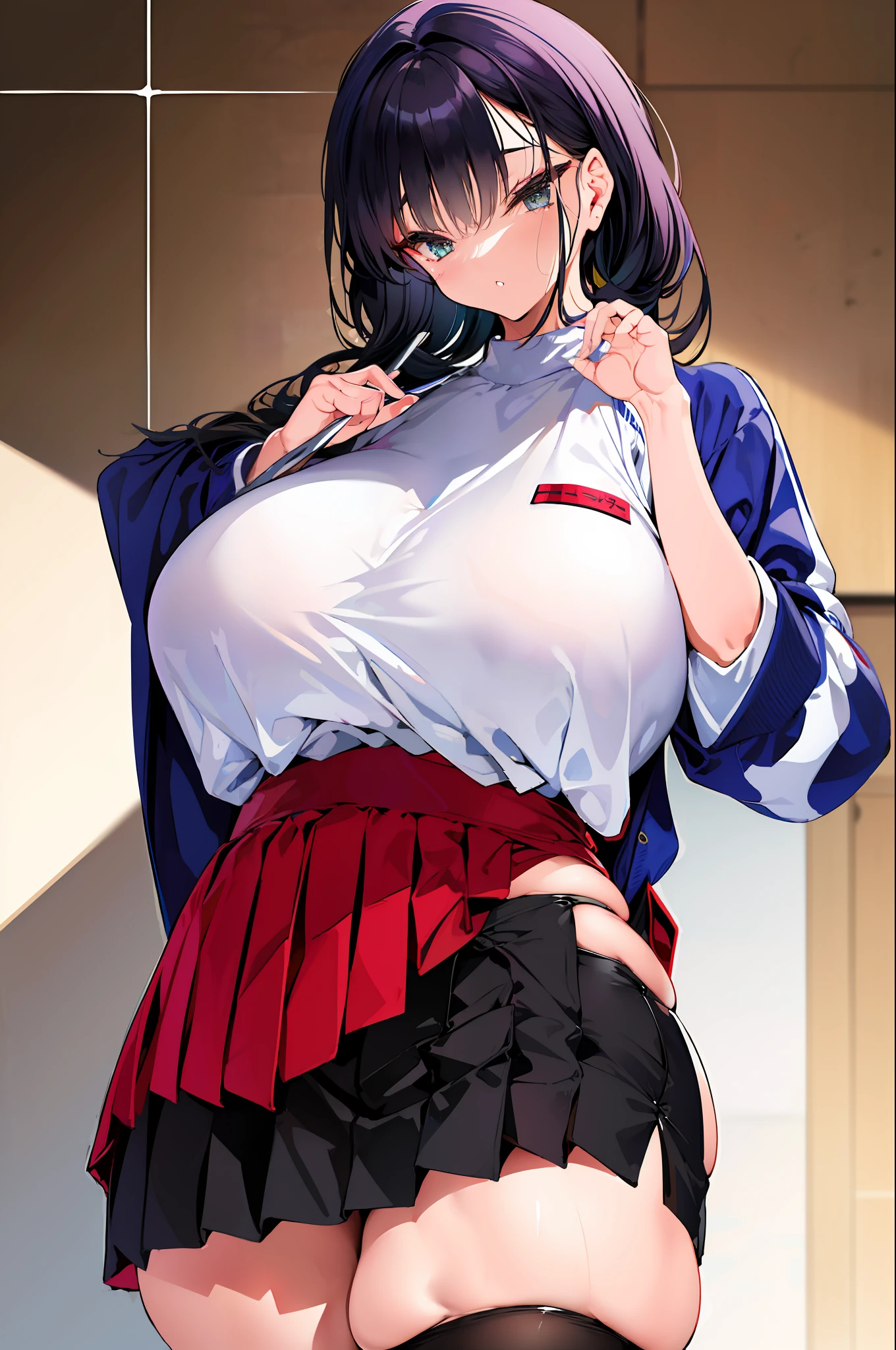 illustratio、(top-quality)、(((​masterpiece)))、(Hi-Res)、Original、(1womanl)、A sexy、Thick、Big body、校服、thighhigh,Miniskirt,