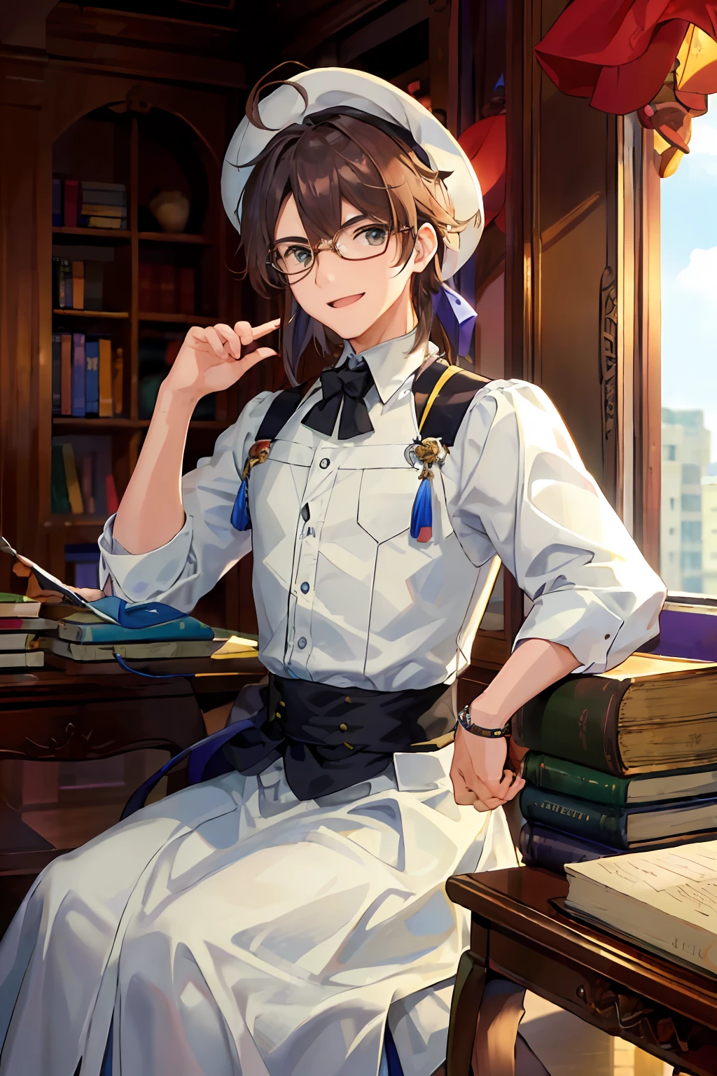 (obra-prima:1.4), (melhor qualidade:1.4), realista, 1man, Chico Xavier \(fate\), white tunic, biblioteca, sorriso