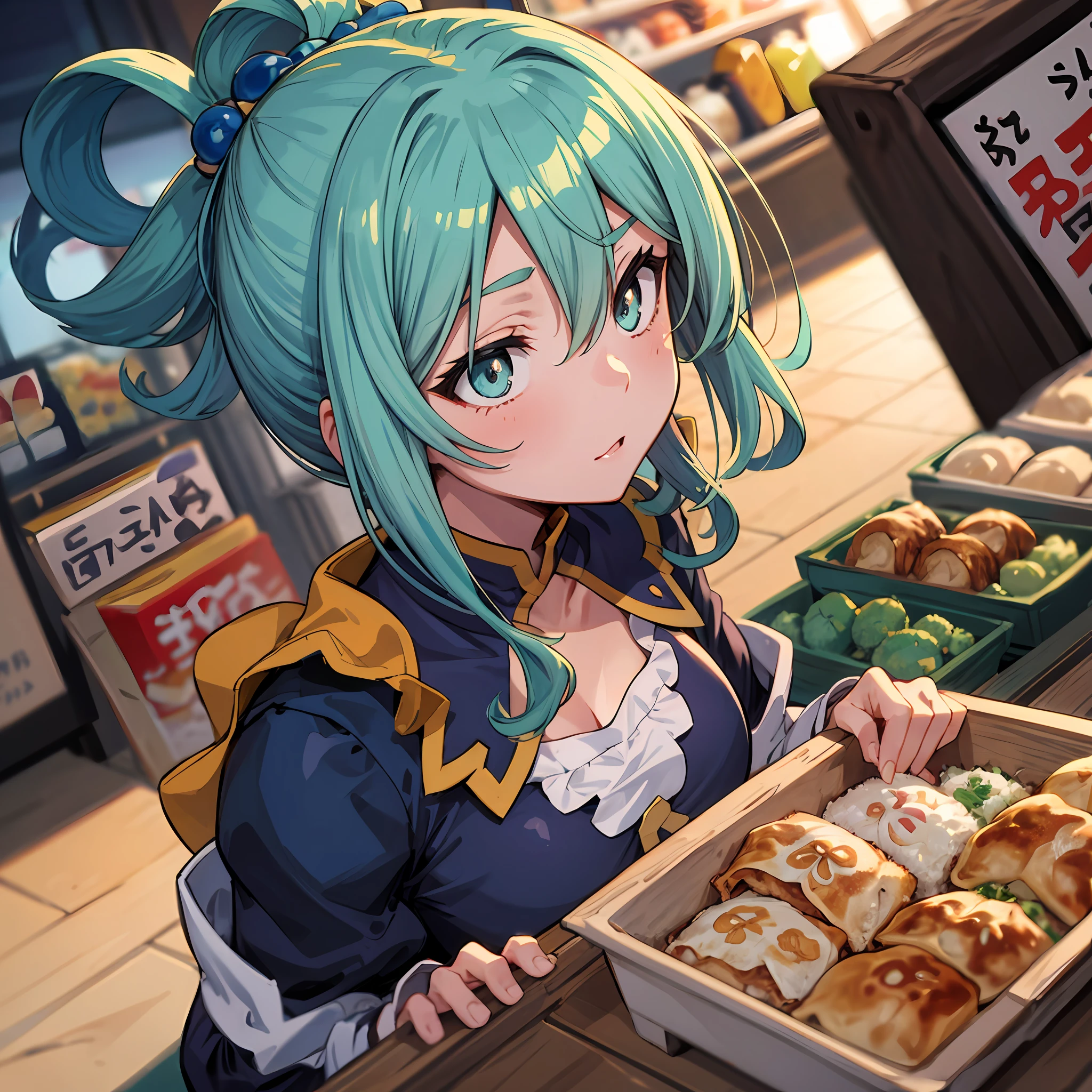(melhor qualidade: 1.4), anime, solo, Uma menina_aqua_konosuba (cabelos longos, cabelos azuis, olhos azuis) no supermercado gyoza bolinhos jiaozi