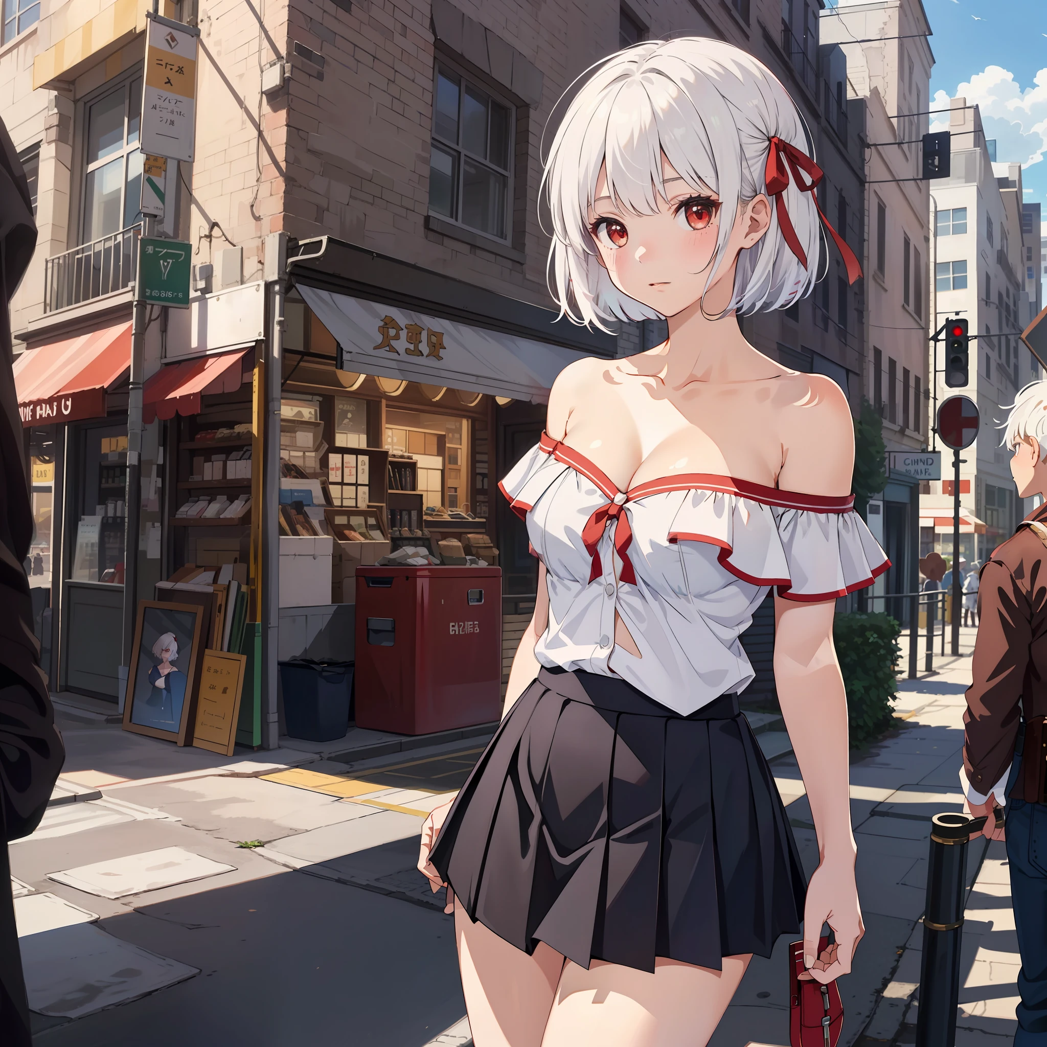 masterpiece, best quality,1girl, solo, bangs, left hair ribbon, (medium breasts:1.4), red eyes, short hair, solo, white hair, (Strapless:1.1), (off-the-shoulder:1.1), (cowboy shot:1.2), city, (uniform:1.2), (partially_unbuttoned:1.1), (Externally expanded Chest:1.2), skirt,