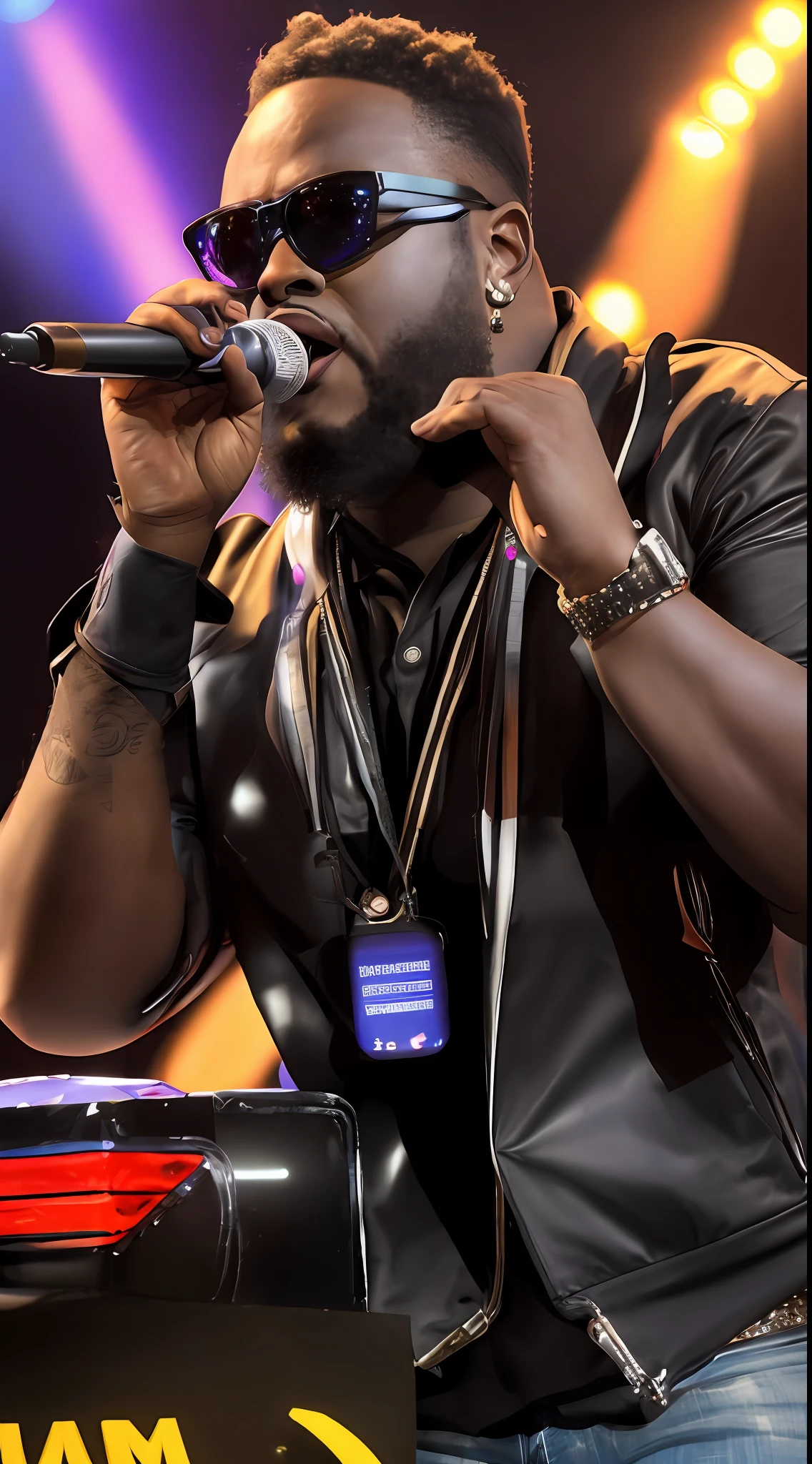 t-pain tocando piano de calda ultra realista ,estlo agressivo nitidez maxima,detalhes perfeito,olhando pra frente,agaxado barba grande,Detailed focus with cap,jeans and microphone in hand with a mystical and dark theme , time square, Dramatic Lighting Night,neon ,back ground colorido ,hiper detalhe (fundo detalhado: 1.4) luz cinamatica corpo detalhado --auto