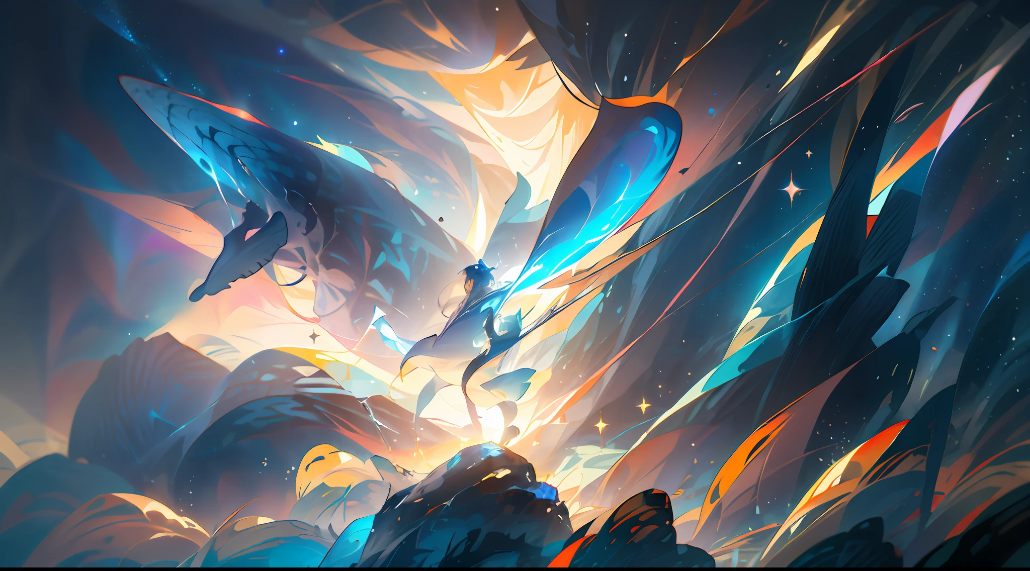 Blue sky,A whale crosses a sea of clouds,Golden magic array,Stars of golden light,Scattered planets,Premium gray tones,A beautiful dream