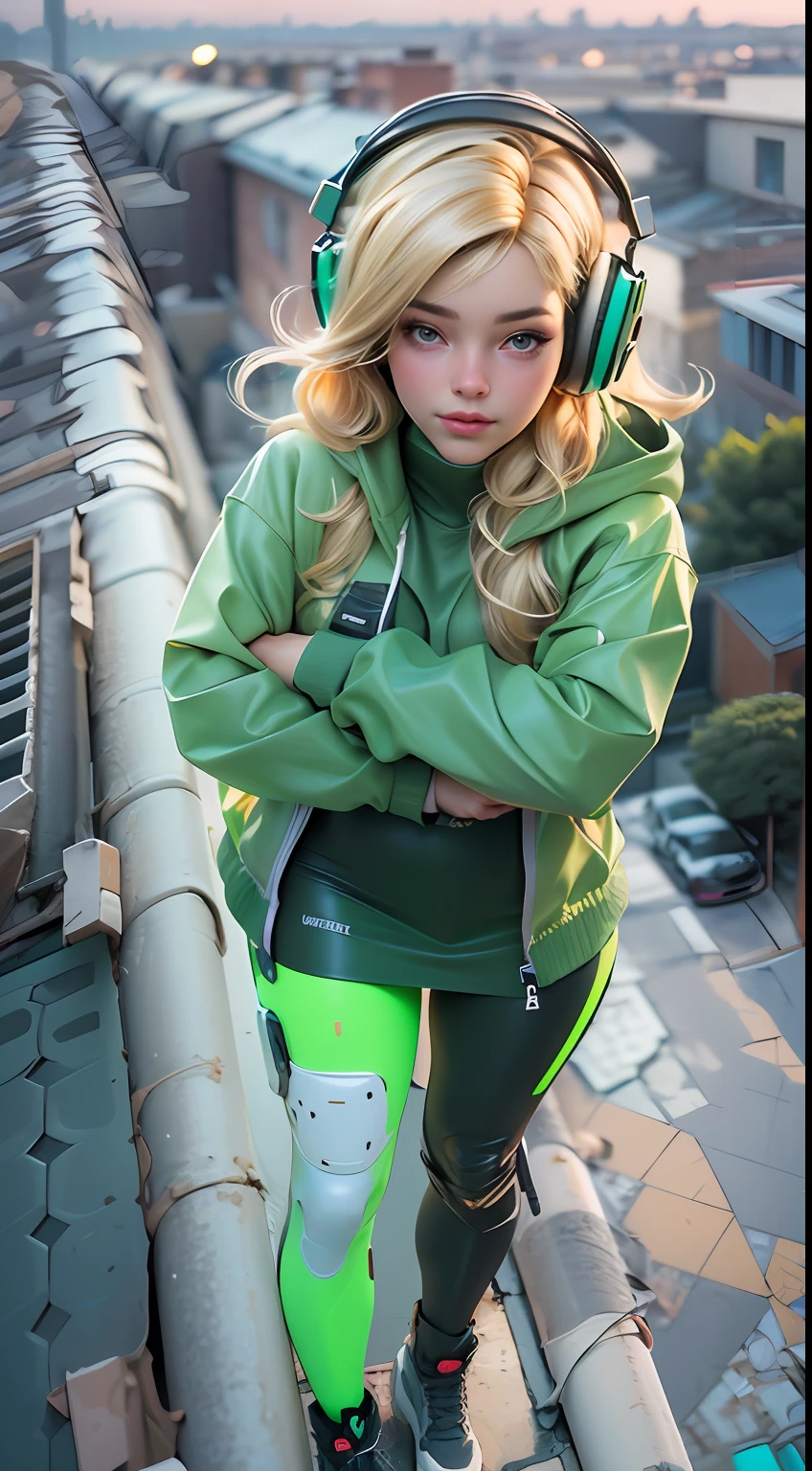 ((Best quality)), ((masterpiece)), ((realistic)) and ultra-detailed photography of a 1nerdy girl with neon headphones. She has ((blonde hair)), is wearing an green techwear jacket, and exudes a ((beautiful and aesthetic)) vibe. Full body, standing in rooftop, delicate face, ultra realistic face, beautiful face.