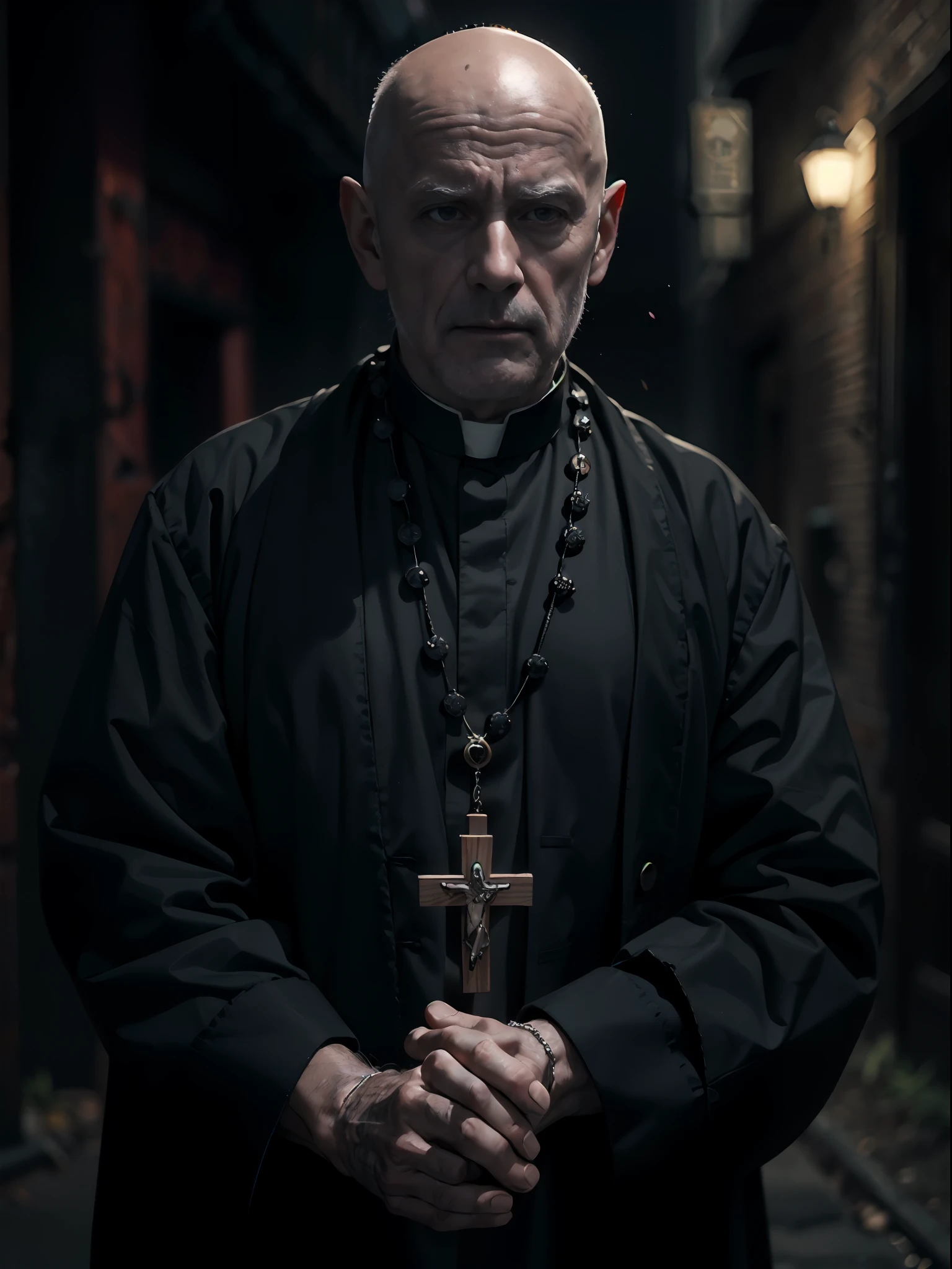 (Character: one italian man, 70 years old, exorcist, serious face,bald)
(Clothing: black Priest's vest, , hold a wooden rosary)
(dynamic pose)
(best quality, masterpiece),looking at viewer, upper body, blurry, dark alley)
