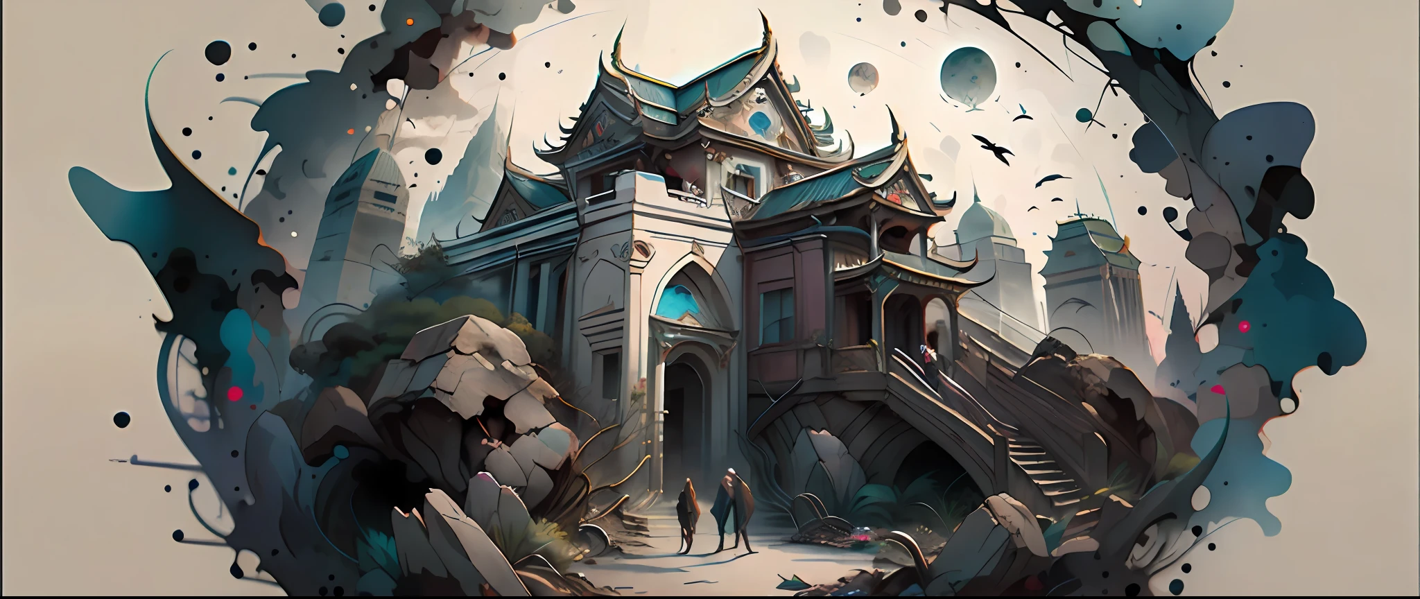 Absurd, high resolution, ultra-detailed, (1 girl:1.3), broken, design a beautiful temple scene, intricate architecture, lush gardens, and a sense of peace and spirituality. Broken, creating an image of a destructive demon with terrifying features, dark powers, and a thirst for chaos and destruction. Broken, designed with a fisheye effect image that captures a wide field of view with a unique curved viewing angle. Break to create rooftop views in urban environments with panoramic cityscapes, dramatic skylines, and a sense of elevation. Break , illustrating the tender moments between parents and children, capturing their bonds, love, and connection. Broken, using pointillism to illustrate images, carefully placed tiny dots of color to create a cohesive and visually stunning whole.