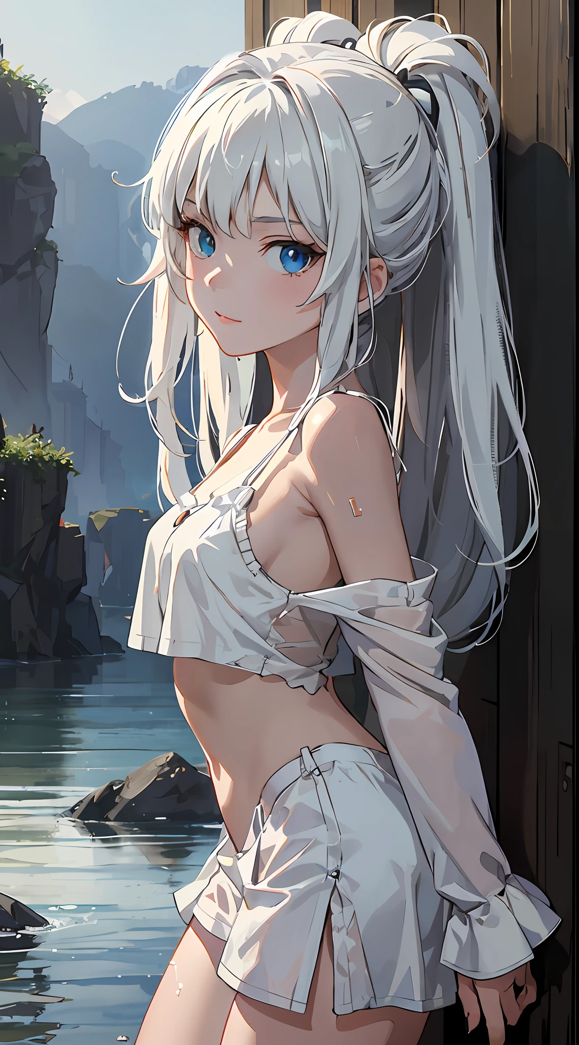 Anime girl poses with long white hair and white lingerie in body of water, Guviz-style artwork, Perfect white haired girl, seductive anime girls, Guweiz on ArtStation Pixiv, Guweiz in Pixiv ArtStation, Guviz, white haired Cangcang, Girl with white hair, Detailed digital anime art, Beautiful anime girl