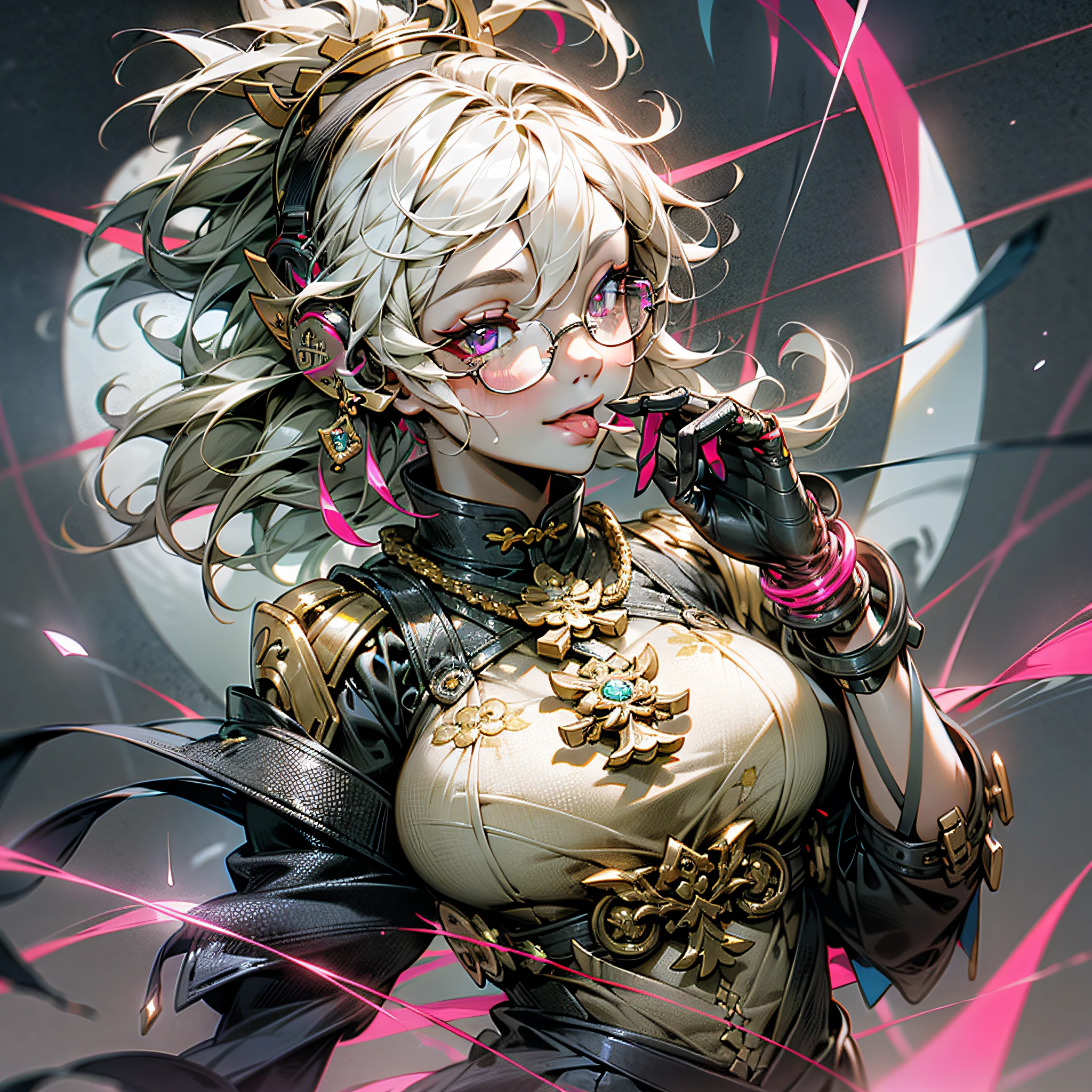 1 girl, Chinese_clothes, liquid black titanium and red, cyberhan, cheongsam, cyberpunk city, dynamic pose, detailed luminous headphones, luminous hair accessories, long hair, luminous earrings, luminous necklace, cyberpunk, high-tech city, full of mechanical and futuristic elements, futuristic, technology, glowing neon, red, red light, transparent black tulle, black ribbon, laser, digital background urban sky, big moon, with vehicles, best quality, masterpiece, 8K, character edge light, Super high detail, high quality, the most beautiful woman in human beings, micro smile, face facing front left and right symmetry, ear decoration, beautiful pupils, light effects, visual data, dark black hair, super detailed face texture, bright leather red gloves, elevation shooting, surreal light and shadow, complex brush strokes, complex lines, background night. 1 girl ,pink hair,best quality,masterpiece,extremley,purple eyes,female focus,beautiful eyes, yae miko, 1boy, (muscular: 0.9), looking at the viewer, cyberpunk, masterpiece, best qualified, high quality, (futuristic), film lighting, (exquisite futuristic), super detailed, great composition, floating, depth of field, (very detailed CG, 8k unit wallpaper), (beautifully detailed background), dramatic lighting, anatomically perfect, perfect fingers, cyberpunk arm, perfect anatomy, white sweatshirt, glasses, tongue out, short white hair shaved from the sides with bangs on the front, glasses, well-detailed red eyes, smile with line out white samurai, anime, (Improve Image) (Best Quality) Juice Wrld-style art: Black man with short Dreads hair and with the color of the Dreads in half yellow and half black, landscape floating in space with jewelry and designer clothes, bracelets studded in silver and gold in anime style one piece