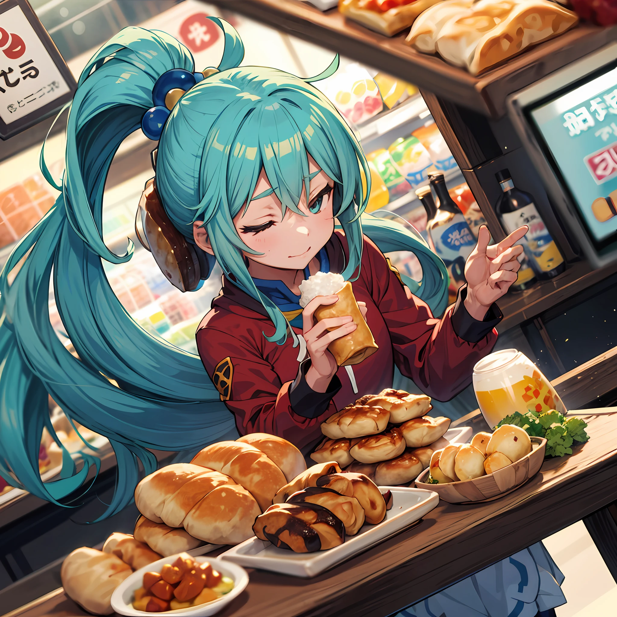(melhor qualidade: 1.4), anime, solo, Uma menina_aqua_konosuba no supermercado gyoza bolinhos jiaozi