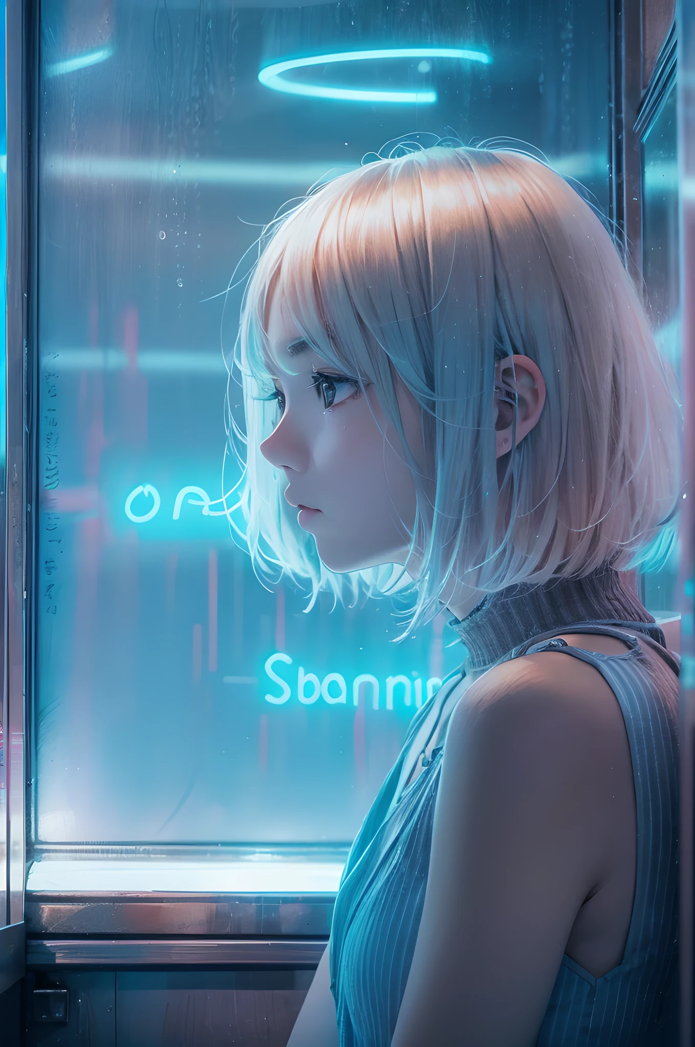 RAW, photography, a blonde short straight hair Japanese girl inside a booth, a blue neon sign, ethereal portraiture, tonal color scheme, pensive stillness, minimalism, aquamarine and silver