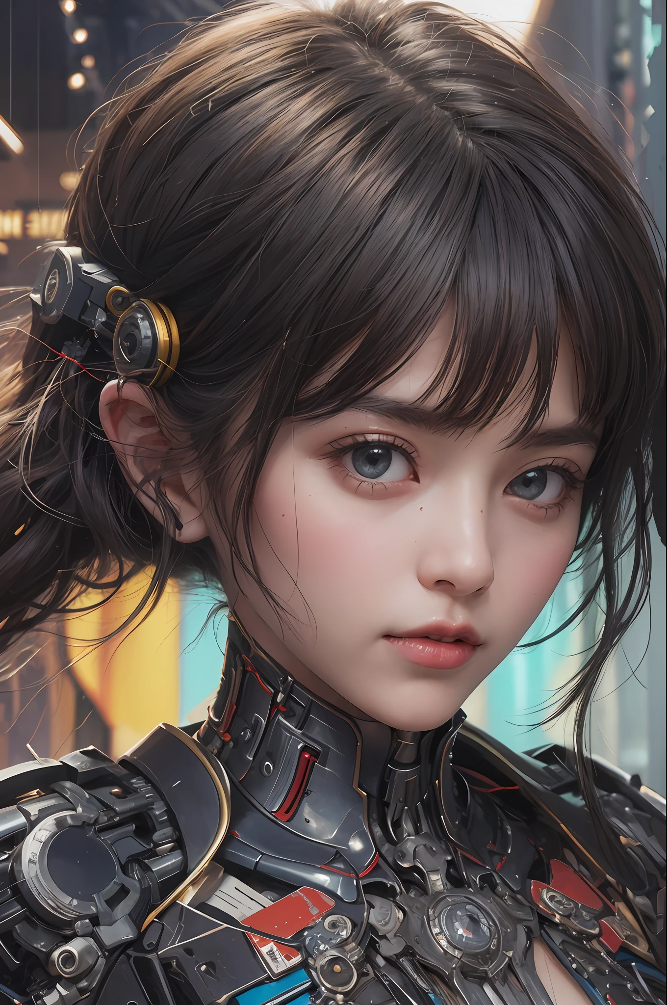 Top Quality, Masterpiece, Ultra High Resolution, (Photorealistic: 1.4), Raw Photo, 1 cyberpunk Girl, Black Hair, Glossy Skin, 1 Mechanical Girl, (Ultra Realistic Detail)), Full body, Global Illumination, Contrast, Shadows, Octane Rendering, 8K, Ultra Sharp, Cleavage Exposed, Raw Skin, Metal, Intricate Ornament Details, Japan Details, Very intricate details, realistic light, CGSoation trend, facing the camera, neon details, mechanical limbs, blood vessels connected to the tube, mechanical vertebrae attached to the back, mechanical cervical attachment to the neck, wires and cables connecting to the head, gundam, small LED lamps.