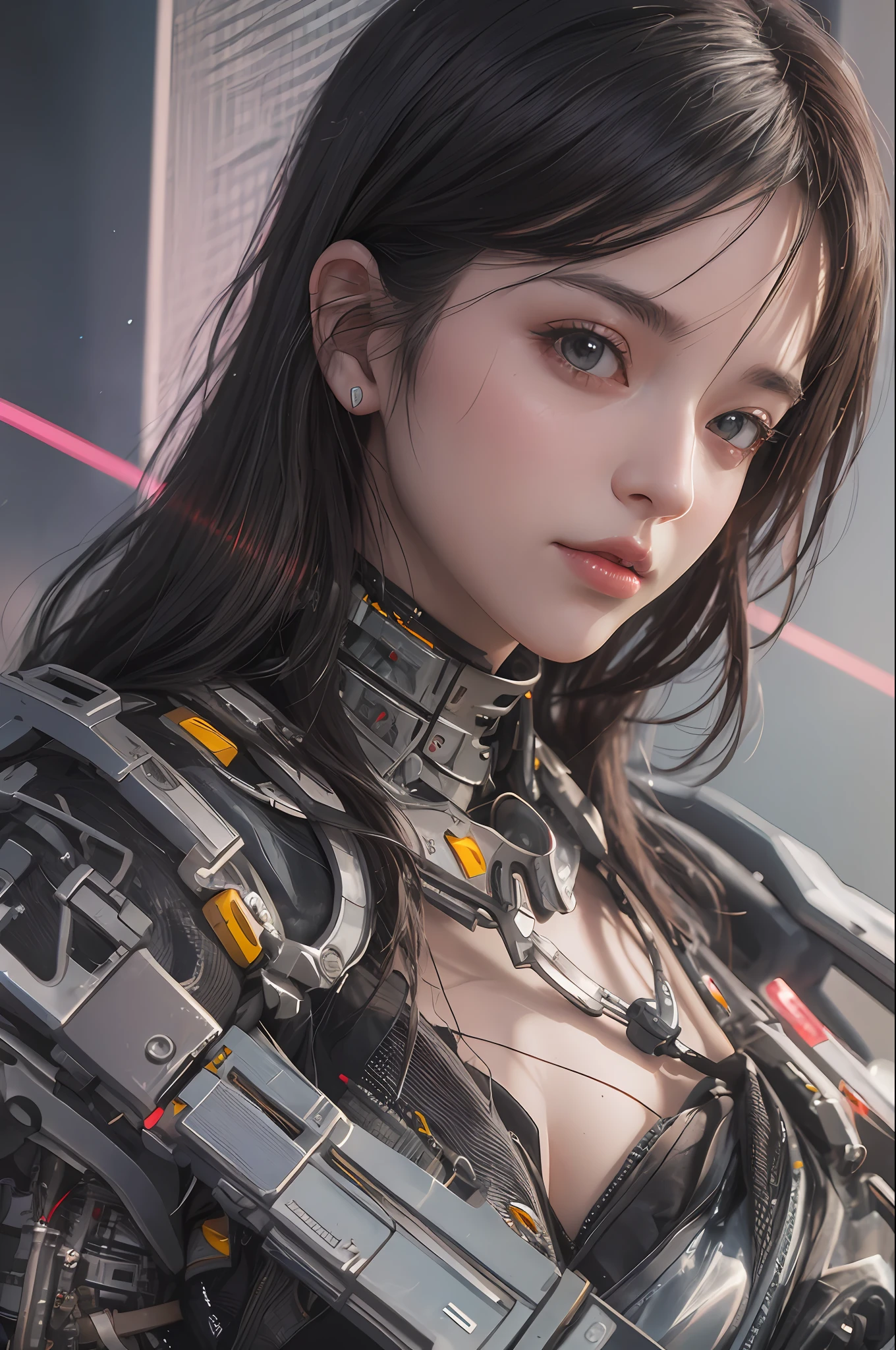 Top Quality, Masterpiece, Ultra High Resolution, (Photorealistic: 1.4), Raw Photo, 1 cyberpunk Girl, Black Hair, Glossy Skin, 1 Mechanical Girl, (Ultra Realistic Detail)), Full body, Global Illumination, Contrast, Shadows, Octane Rendering, 8K, Ultra Sharp, Cleavage Exposed, Raw Skin, Metal, Intricate Ornament Details, Japan Details, Very intricate details, realistic light, CGSoation trend, facing the camera, neon details, mechanical limbs, blood vessels connected to the tube, mechanical vertebrae attached to the back, mechanical cervical attachment to the neck, wires and cables connecting to the head, gundam, small LED lamps.