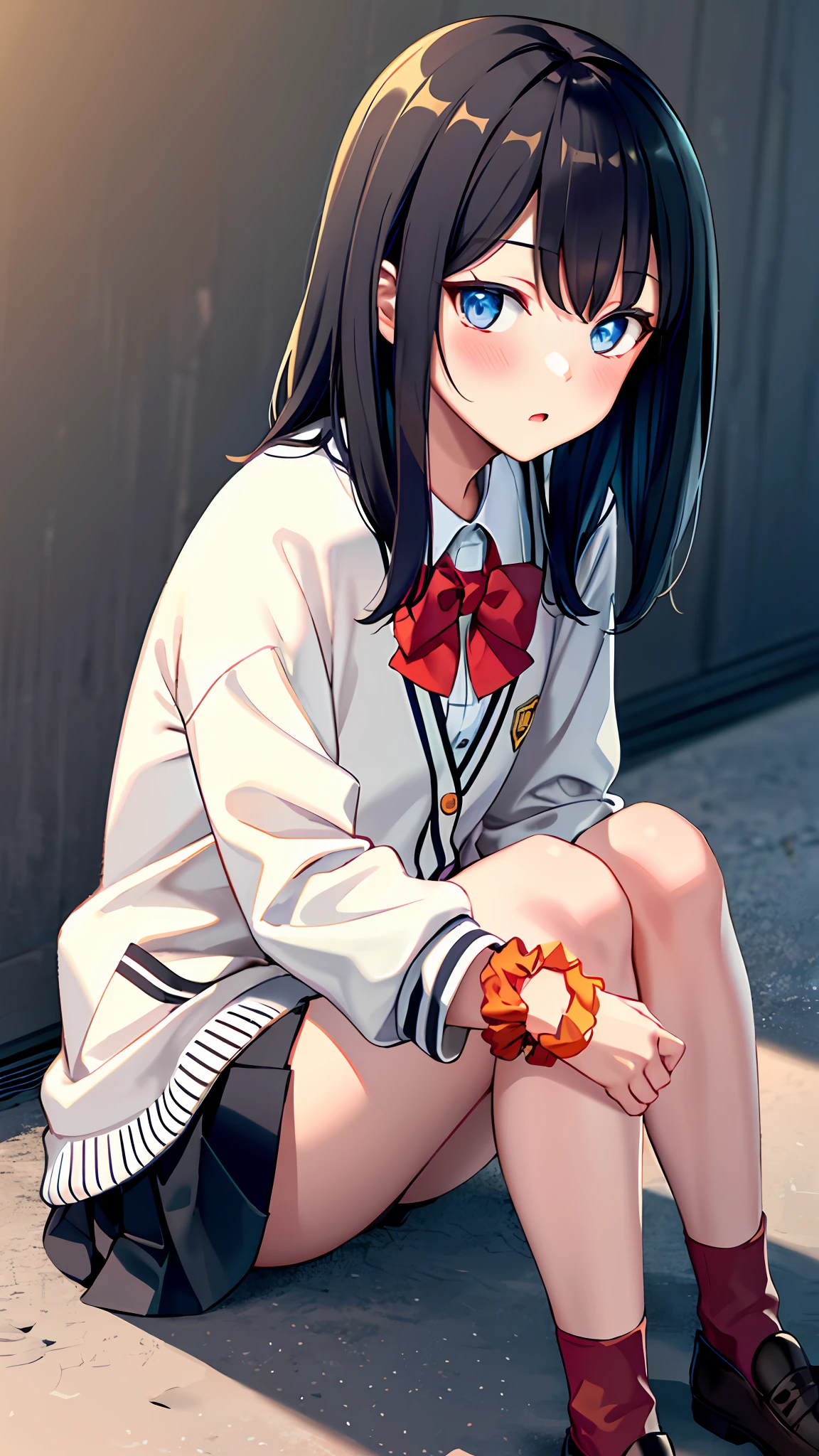 ​masterpiece, top-quality, Hi-Res, rikka1, 1girl, Takarada Rikka, A dark-haired, 独奏, blue eyess, wrist scrunchie, length hair, red socks, student clothes, a black skirt, bangss, pleatedskirt, orange scrunchie, Red ribbons, White cardigan, long-sleeve, a bow tie, white  shirt, a miniskirt, White sweater, Sitting on the ground with his knees upright, staring at me with a blush.