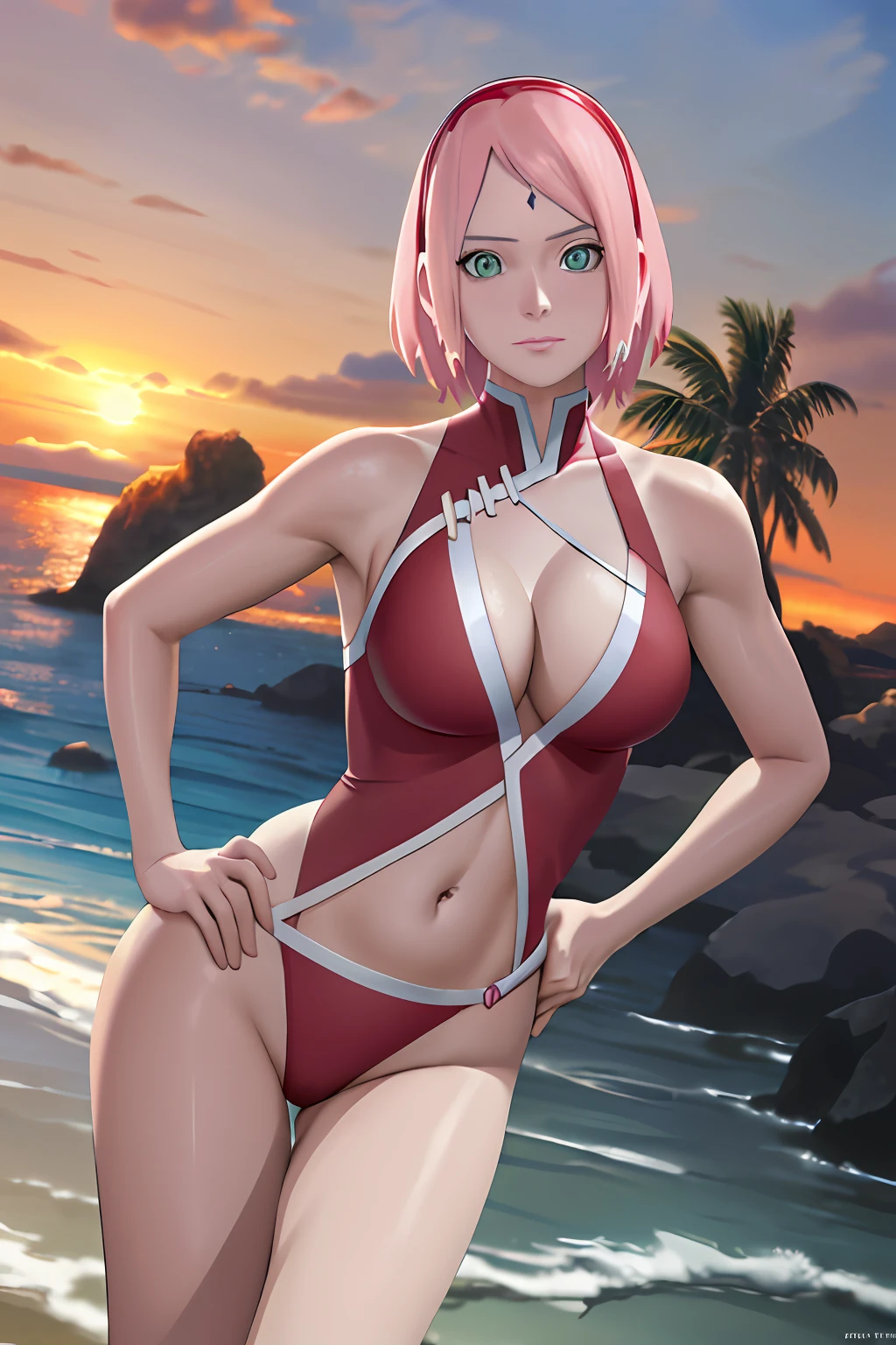 masterpiece, absurdres , (intricate details), (colorful),cinematic lighting,bust shot,extremely detailed CG unity 8k wallpaper,1girl, haruno sakura,forehead mark, red hairband,swimsuit,pose, hand on hip,  cleavage, navel,  looking at viewer,  medium breasts, beach, sand, palm tree, ocean,