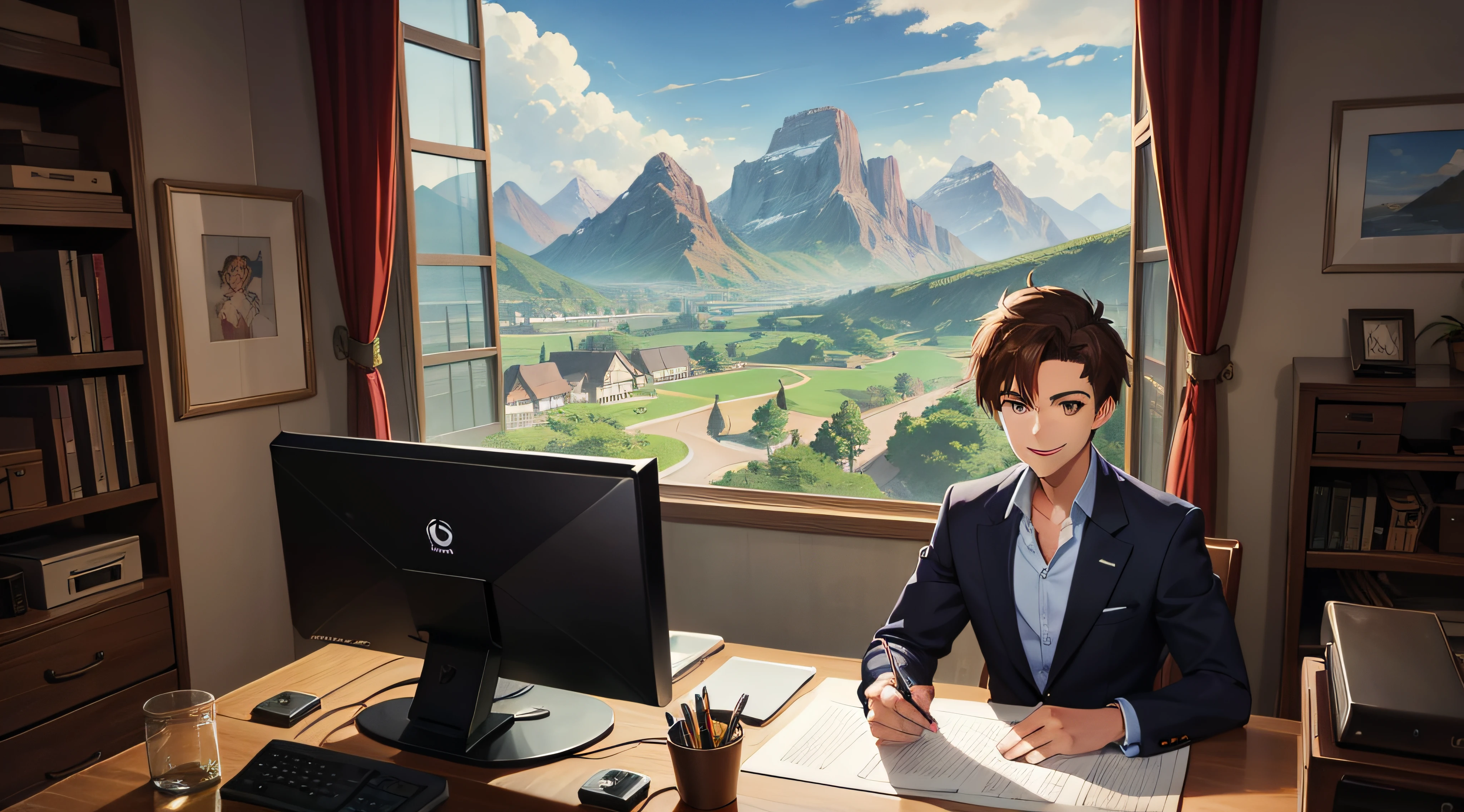 young man smiling at work in his office, with spiky brown hair, with clouds and mountains in the background, 2D drawing, anime style, studios ghibli style