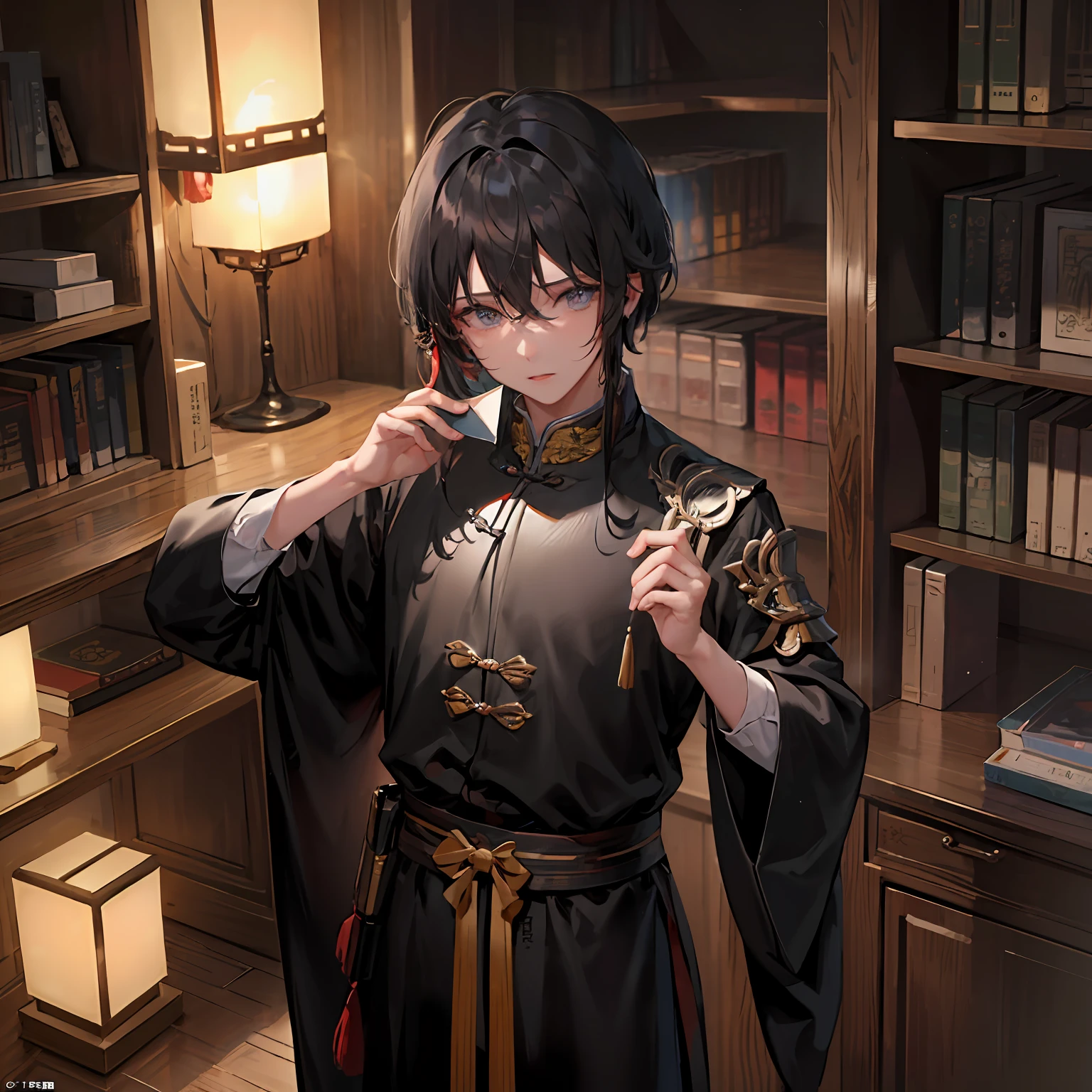 best qualtiy:1.0),(超高分辨率:1.0),Anime boys,High value,China-style,Chinese Ancient Times,brunette color hair,blackigeyes,Long split ends,with long bangs,Handsome,Handsome,Show talent,(Hold the book) --auto
