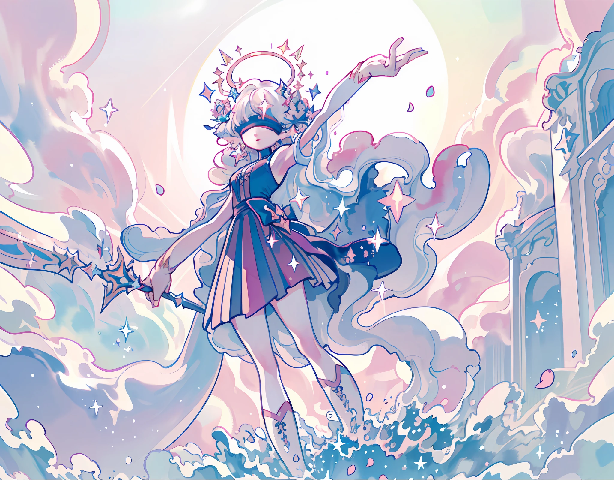 ((Magical Girl)), ((Gorgeous Starry Sky Background)), ((Super Detailed)), (Best Illustration), ((Cinematic Lighting)), Dynamic Angle, Floating, Fine, (Flash:1.2), (Sparkle:1.2), (Shine:1.2), Classic, (painting:1.1), (Sketch:1.1), (Best Quality), (Masterpiece:1.2), ( anime style), (solo), beautiful and delicate face, (cute face: 1.3), (big eyes: 1.3), colored hair, (long hair: 1.2), (flowing hair: 1.2), (magical girlhood), detail outfit, (sparkling wand: 1.3), (magic effect: 1.3), (flowing skirt: 1.2), (cute boots: 1.1), (transparent fabric: 1.1), (flash: 1.2), (glowing 1.2), (radiance: 1.2), (flash: 1.2), (flash: 1.2), (flash: 1.2), (dazzle: 1.2) (Very detailed 8k wallpaper) complex, high detail, dramatic, 8k, ((masterpiece, super detailed, complex detail, medium quality, illustration)), 1girl, solo, high resolution, street, cherry tree, petals falling, sunlight through), (extremely detailed CG, super fine, Best shadows: 1.1), ((Depth of field)), ((Watercolor)), bare shoulders, flowers and petals, Beautiful concept illustration, (Illustration: 1.1), (Extreme beauty: 1.1), (Perfect detail: 1.1), masterpiece, best quality, cute, vibrant, colorful, stars, sparkle, shiny, iridescent, under tall trees, 1girl, forest flowers, stars, jungle palace, trees, streams of light, stars, fish, palace, (goddess:1.5),(( holding two balance scales)), night sky, constellations, libra horoscope goddess, blindfolded intricate, elegant, (blindfolded:1.6)