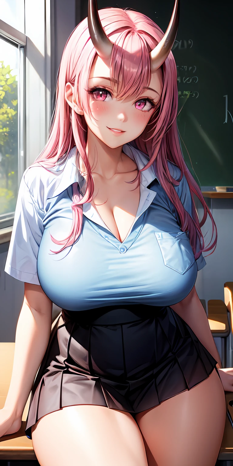 1girl, pink hair, detailed pink eyes, parted lips, blush, makeup, light smile, school uniform, classroom, light rays, glow, thighs, collarbone, narrow waist, (masterpiece), wallpaper, black oni horns, oni, huge breasts