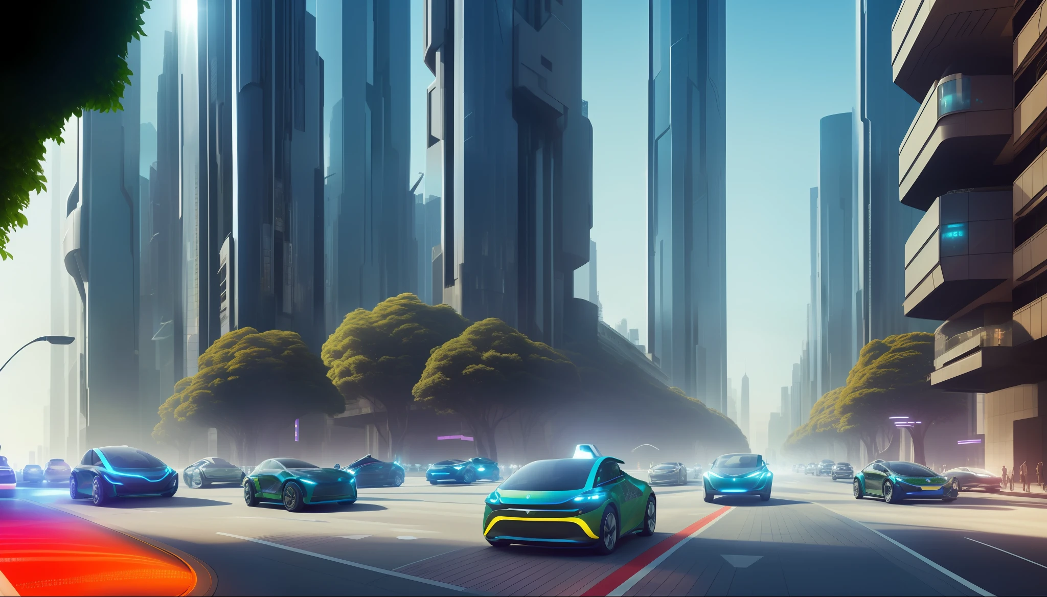 Imagine a futuristic scenario of a smart and sustainable city. The streets are filled with self-driving electric cars that move smoothly amid tall, modern skyscrapers. The buildings have glazed facades that reflect light, dando um toque futurista ao horizonte. Vertical gardens adorn the buildings, bringing a harmonious balance between nature and technology.