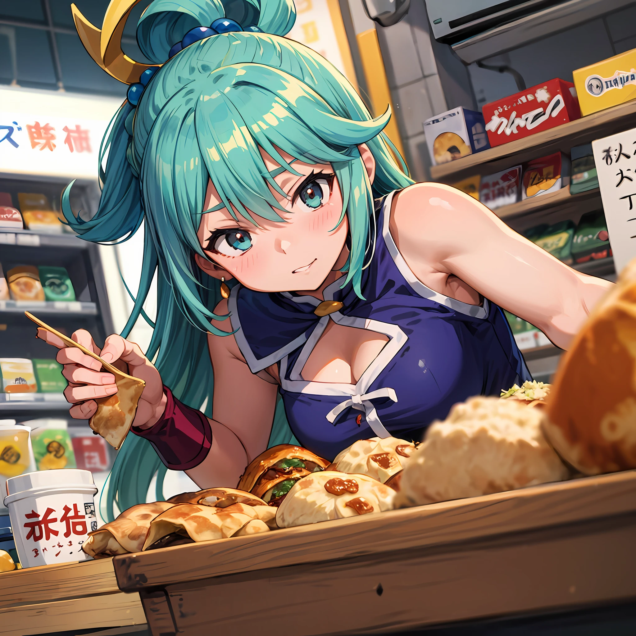 (melhor qualidade: 1.4), anime, solo, Uma menina_aqua_konosuba no supermercado gyoza bolinhos jiaozi