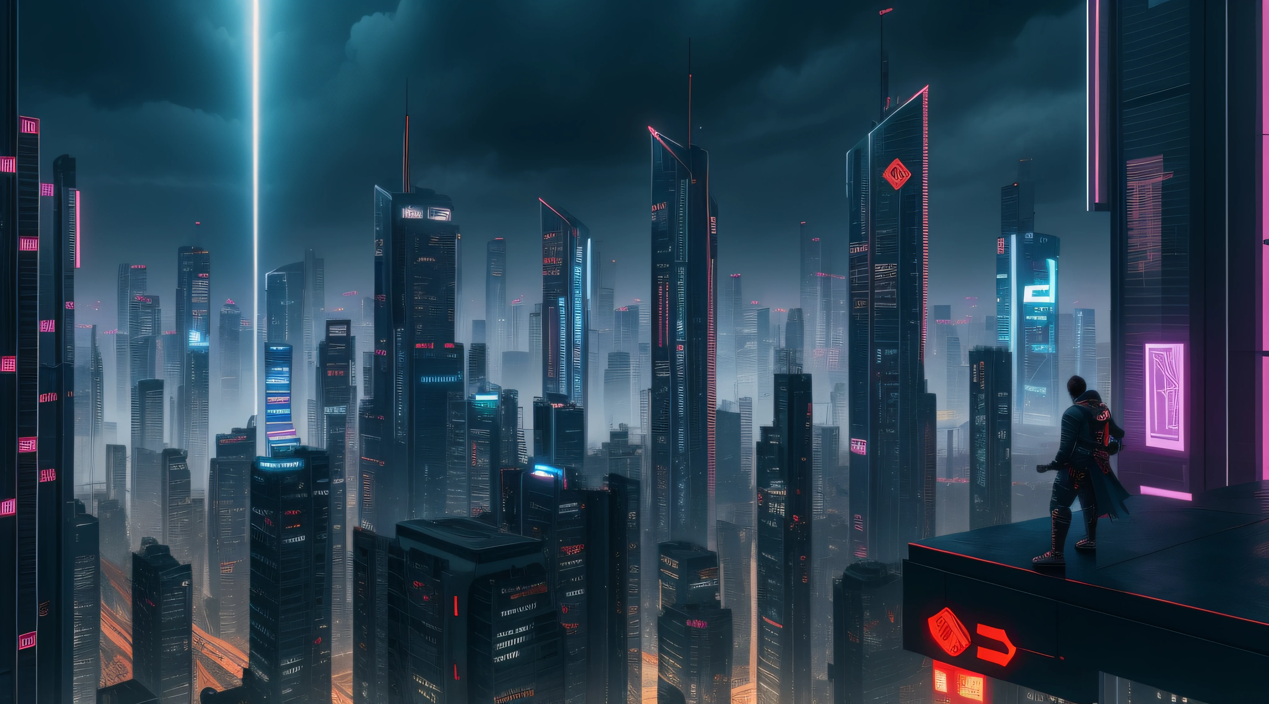 Cyberpunk city with a ninja on top of a tall building overlooking the city, realista, 4k, dark. chuva