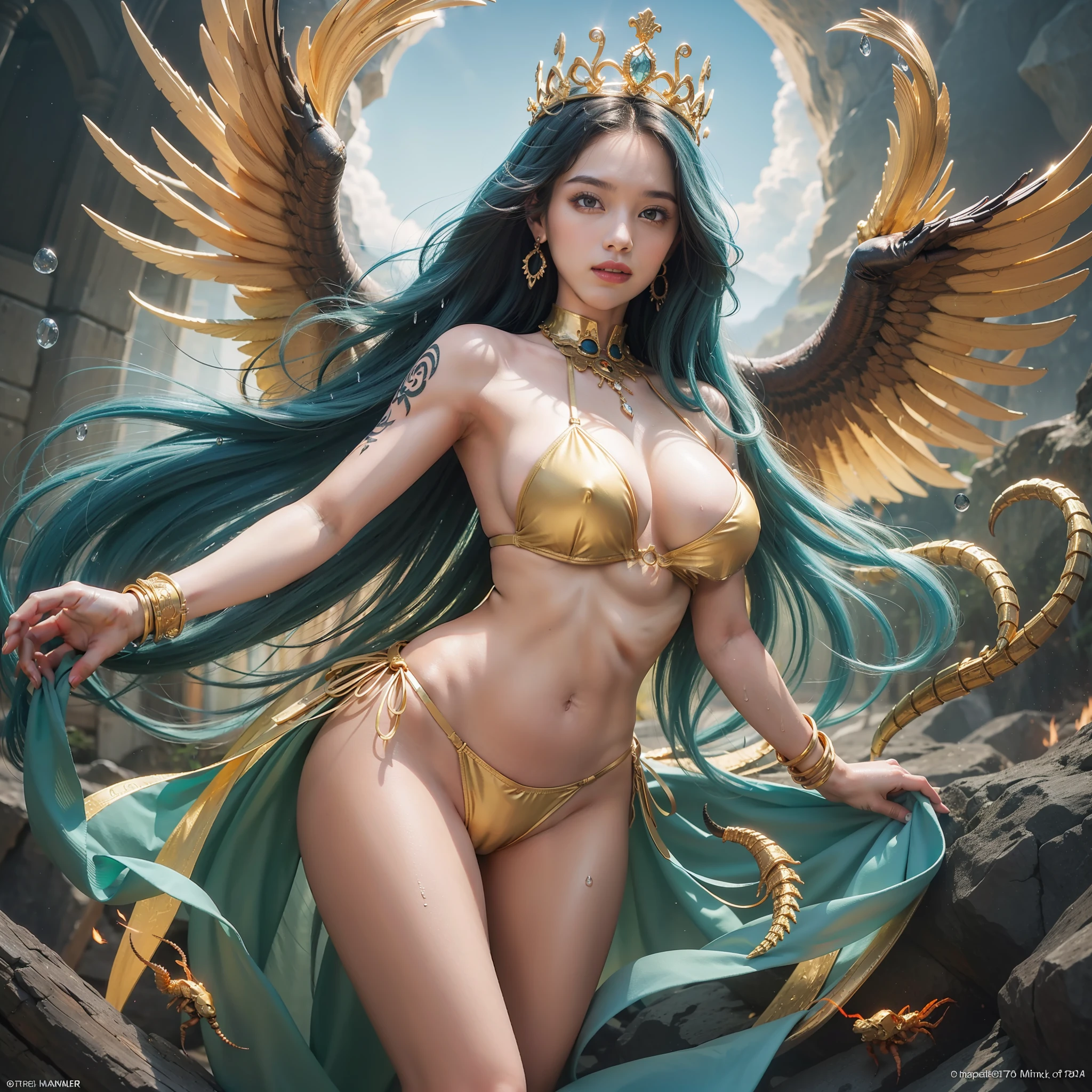 (masterpiece, top quality, best quality, official art, beautiful and aesthetic:1.2), (1girl), extreme detailed,colorful,highest detailed, official art, unity 8k wallpaper, ultra detailed, beautiful and aesthetic, beautiful, masterpiece, best quality, Hand-drawn illustration of a beautiful angel with sea blue hair with blonde tones, light red eyes with brightness, symmetrical angelic golden wings, leather armor, halo, illustration, watercolor sketch, (best quality)), detailed intricate, belly out, thick lips with red lipstick, lightly made up and rosy cheeks, feminine, thin waist, wide hips, thick legs,  Defined and delicate body, detailed white skin, golden tribal tattoo, cloudy day, blue sky, cloud rays, brightness, smiling, flowery garden, golden tribal tattoo, shining golden armor with red stones, cheerful, happy, beautiful, full body, flying, mountains in the background, golden aura, rays and fire, crystals, scorpion tattoo on the belly, armor, greek goddess, tiara with jewelry, earrings,  Bright halo, emanating energy, scorpion armor, full body, golden sandals up to the shin, depth, flames of fire, armor on the arms, armor on the shoulders, armor on the waist, warrior amazon, warrior, amazon, queen, wrapped in transparent fabric, scorpion jewelry, scorpion tattoo, tribal scorpion tattoo, knights of the zodiac, wet, water drops, wet hair, wet skin,  rays of light coming out of her clothes, wearing a crown, large breasts, bikini brand, tan, swollen breasts, tanned with bikini mark, large heaving breasts, tattooed, mischievous expression, very large breasts