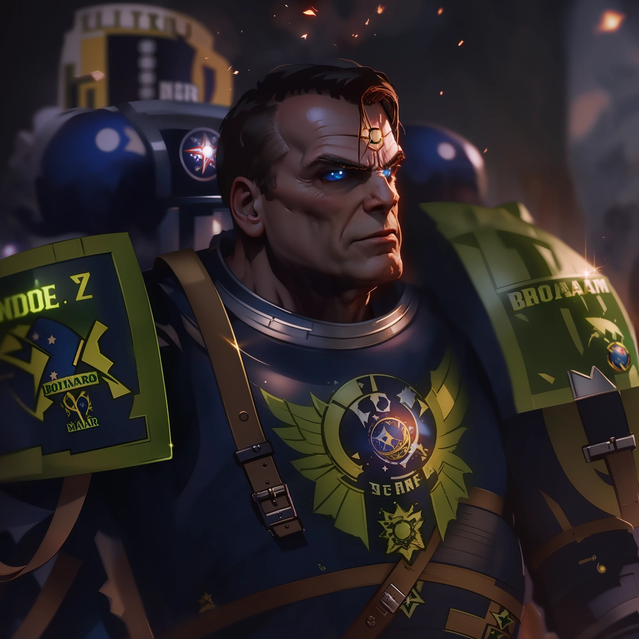 Space marine em um mundo warhammer 40k, jair bolsonaro, Kinematic lighting, dramatic light, UHD, ultra detalhada, pele detalhada,