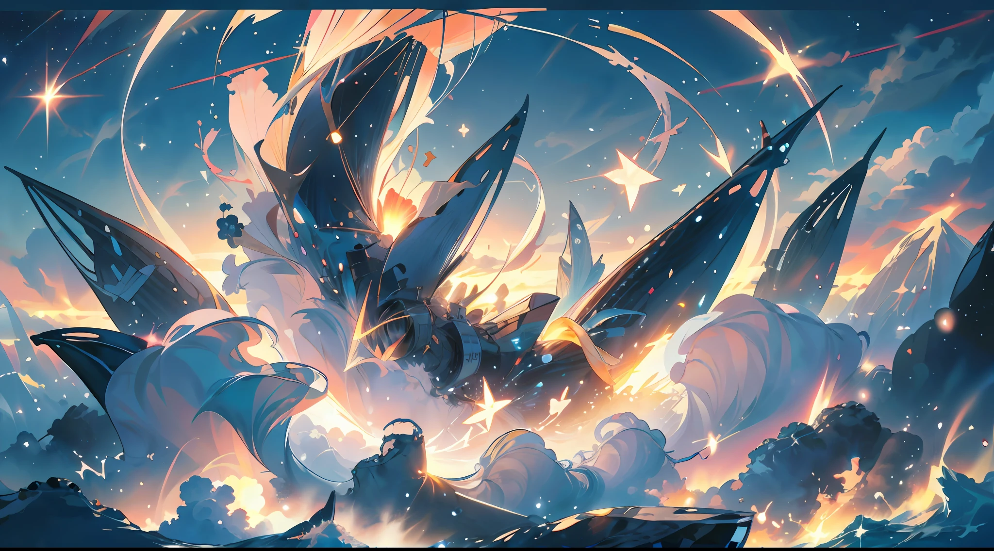 Blue Sky, whales across the sea of clouds, Golden Magic Array, the Golden Light, scattered stars, dream-like beauty