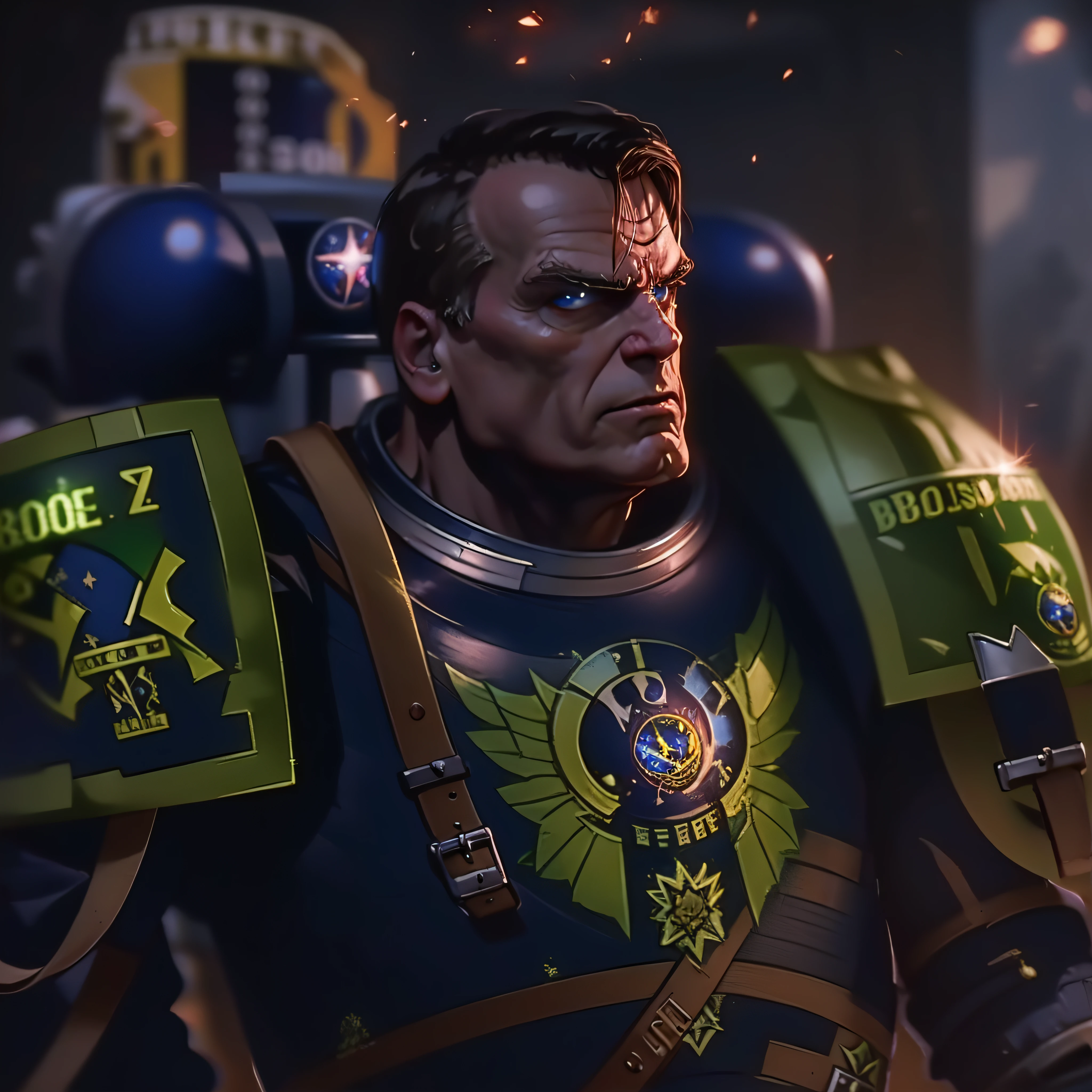 Space marine em um mundo warhammer 40k, jair bolsonaro, Kinematic lighting, dramatic light, UHD, ultra detalhada, pele detalhada,