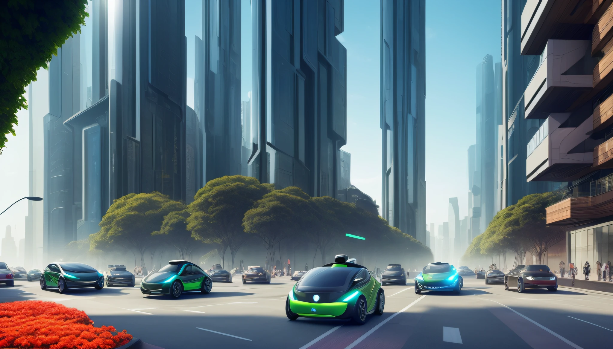 Imagine a futuristic scenario of a smart and sustainable city. The streets are filled with self-driving electric cars that move smoothly amid tall, modern skyscrapers. The buildings have glazed facades that reflect light, dando um toque futurista ao horizonte. Vertical gardens adorn the buildings, bringing a harmonious balance between nature and technology.