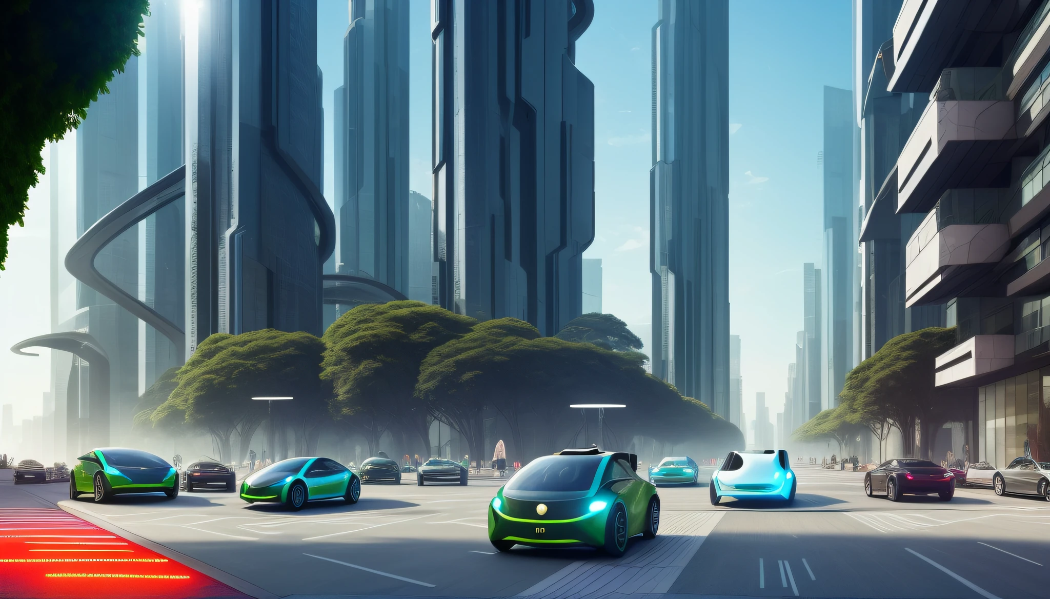 Imagine a futuristic scenario of a smart and sustainable city. The streets are filled with self-driving electric cars that move smoothly amid tall, modern skyscrapers. The buildings have glazed facades that reflect light, dando um toque futurista ao horizonte. Vertical gardens adorn the buildings, bringing a harmonious balance between nature and technology.