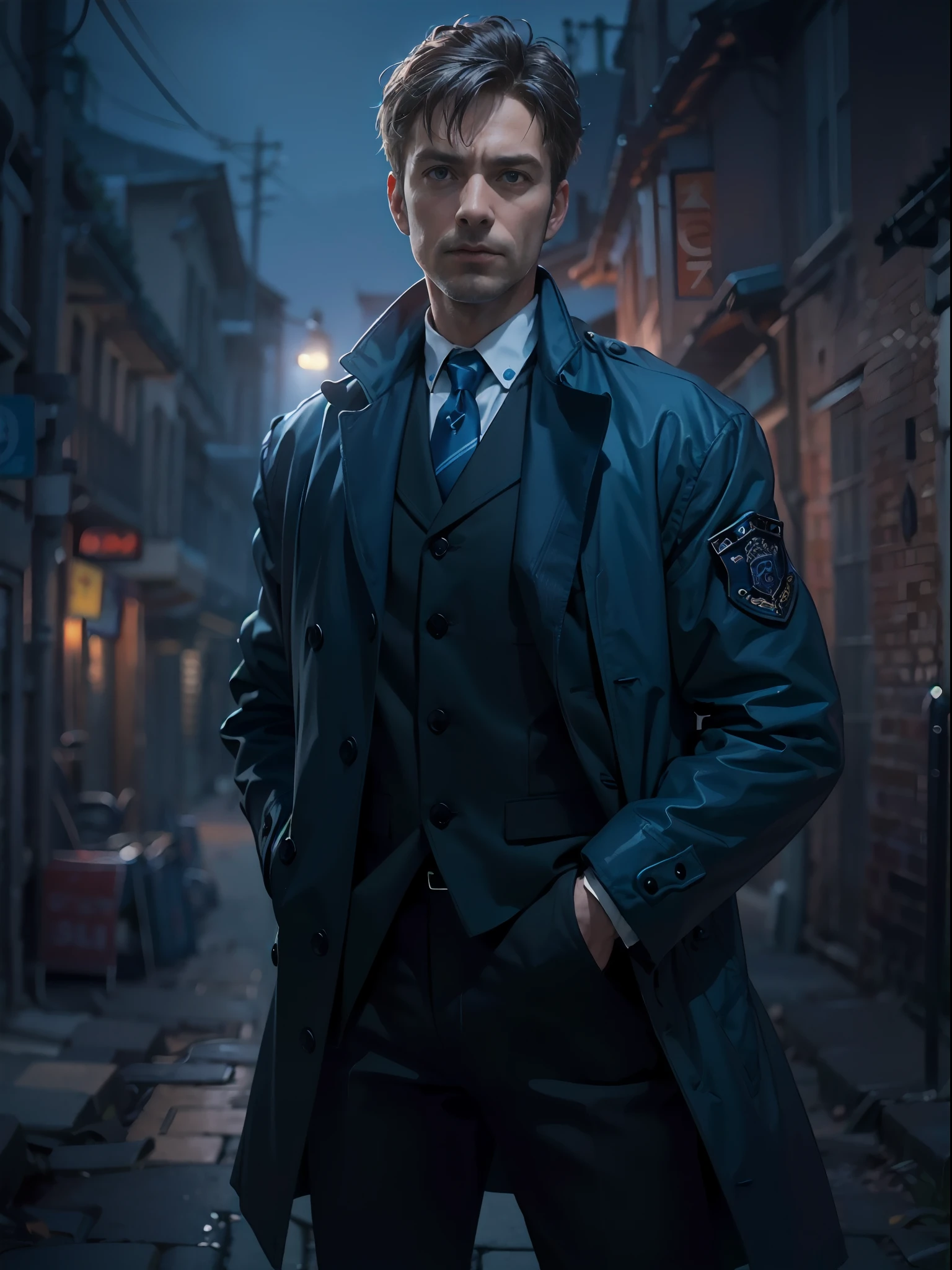 (Character: one English man, 40 years old, police, serious expression, short windswept hair, strong body)
(Clothing: blue police coat, tie)
(dynamic pose)
(best quality, masterpiece),looking at viewer, upper body, blurry, dark alley)