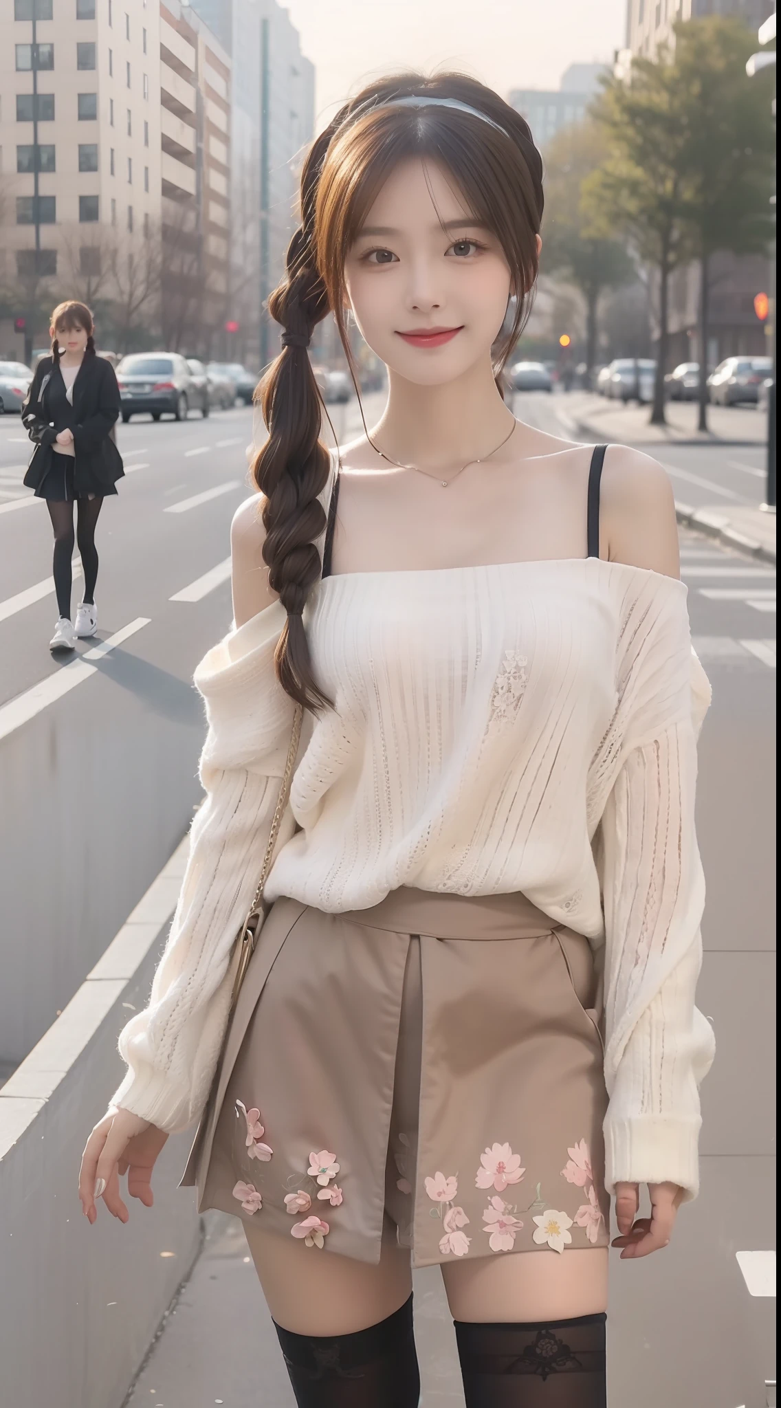 （true to life，Photorealistic 1.5）,((best qualtiy, 8K, tmasterpiece:1.3)), (二重まぶた，largeeyes:1.3),（smile1.5），（Full body photo 1.5）（One person 1.5）Clear focus 1.2, Perfect body beauty:1.4 , Delicate skin1.1，（Long brown hair 1.5），（Delicate facial features1.4），（Pure desire 1.3）(Black high socks 1.5)（Two pigtails，1.5），Black one-shoulder sweater，Lace floral skirt，Wear white gauze on your head，Slender legs，athletic sneakers，On the meadows full of flowers