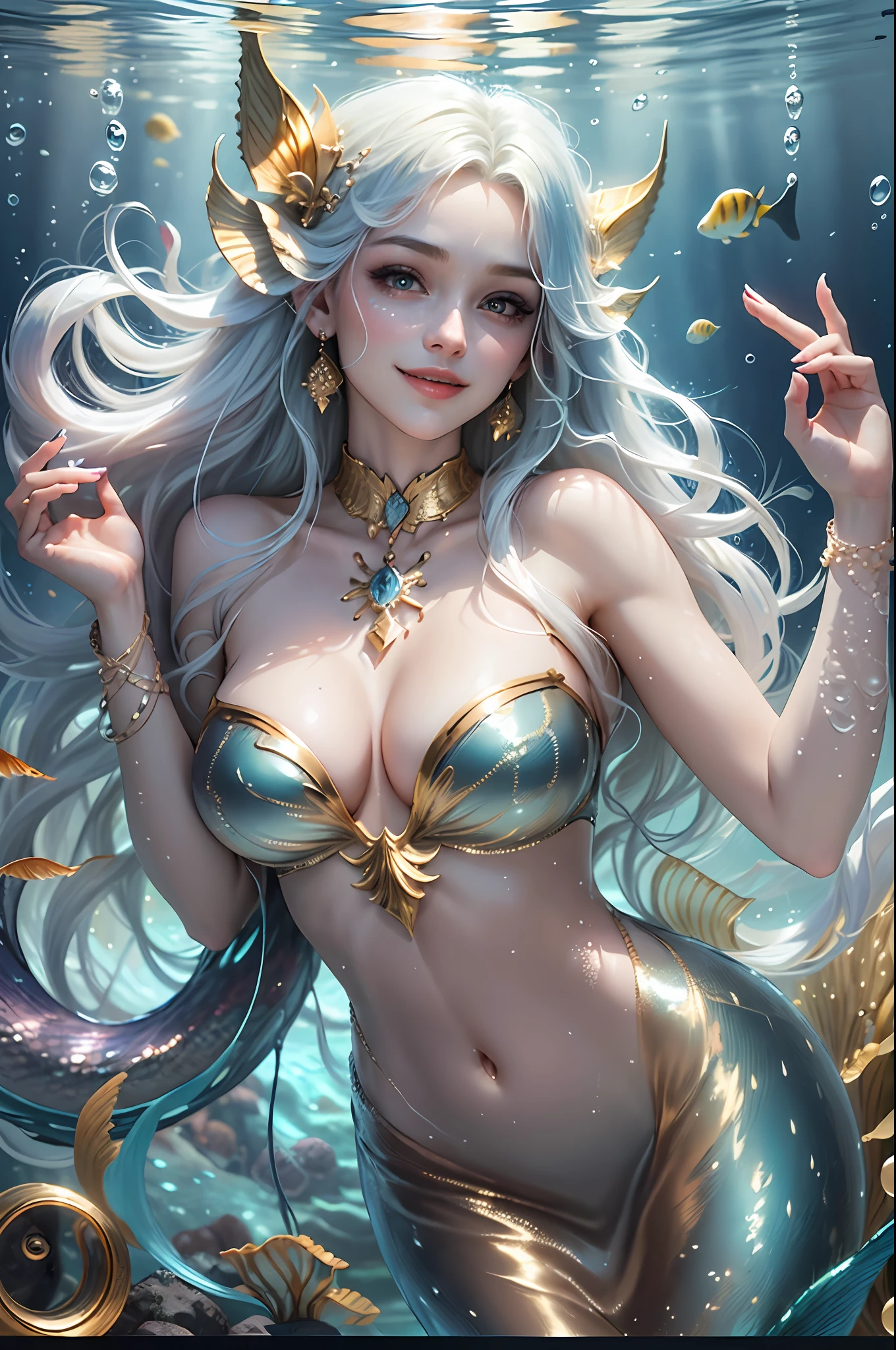 realistness，Wonders of the deep sea，The movie character Mermaid is covered in brilliant golden scales，Glittering，The ears are slender and delicate，Colorful bubbles，Structured，Full of special effects，Distinctive features，charming smile，complete fingers，24k，moist skin，Pose for the camera, underwater view, floating hair, busty, large breasts,