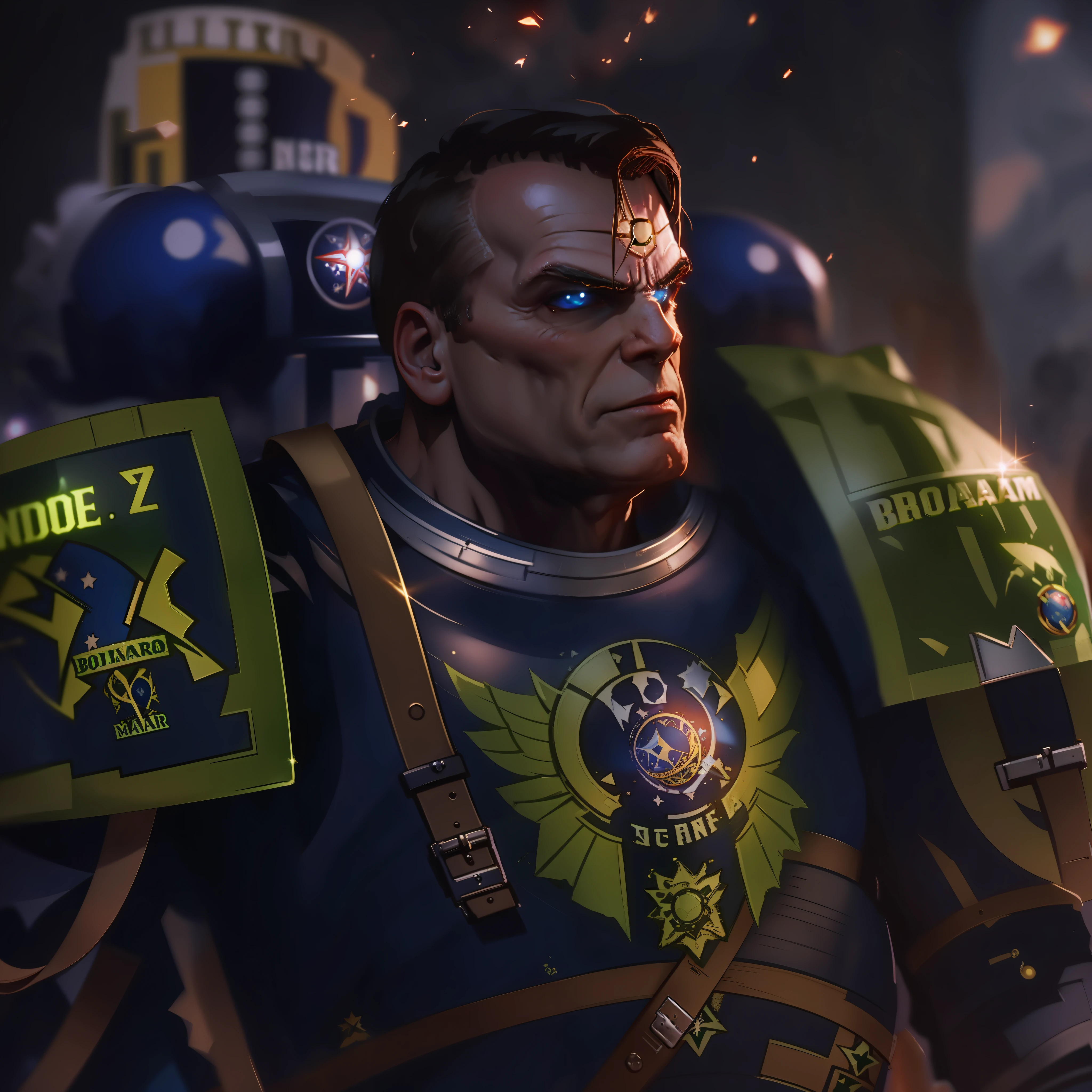 Space marine em um mundo warhammer 40k, jair bolsonaro, Kinematic lighting, dramatic light, UHD, ultra detalhada, pele detalhada,